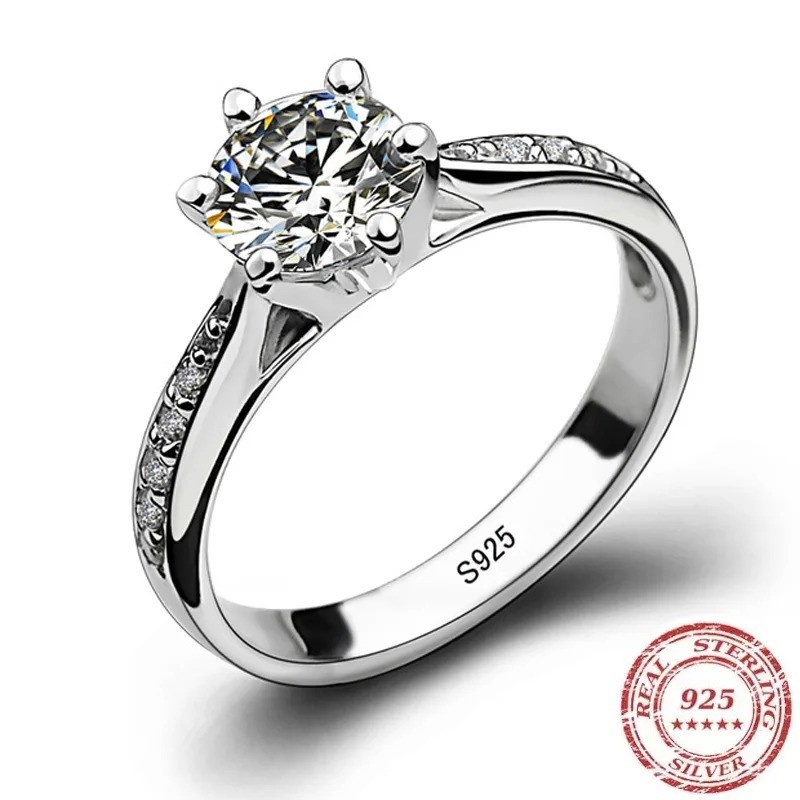 Sterling Silver 6-Prong CZ Solitaire Ring for Women Wedding Promise 925