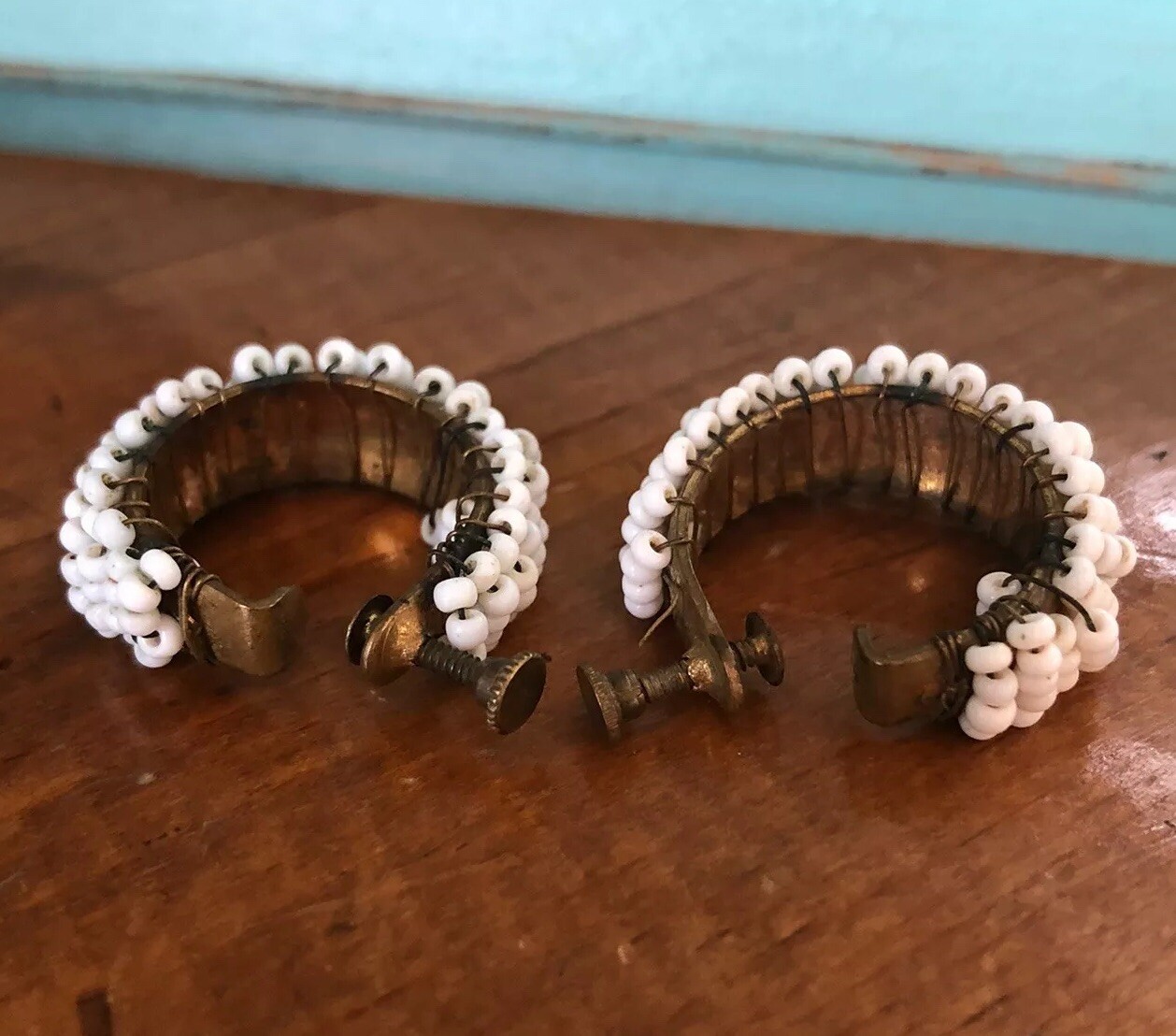 Vintage White Beaded Screwback Hoop Wire Wrapped Earrings