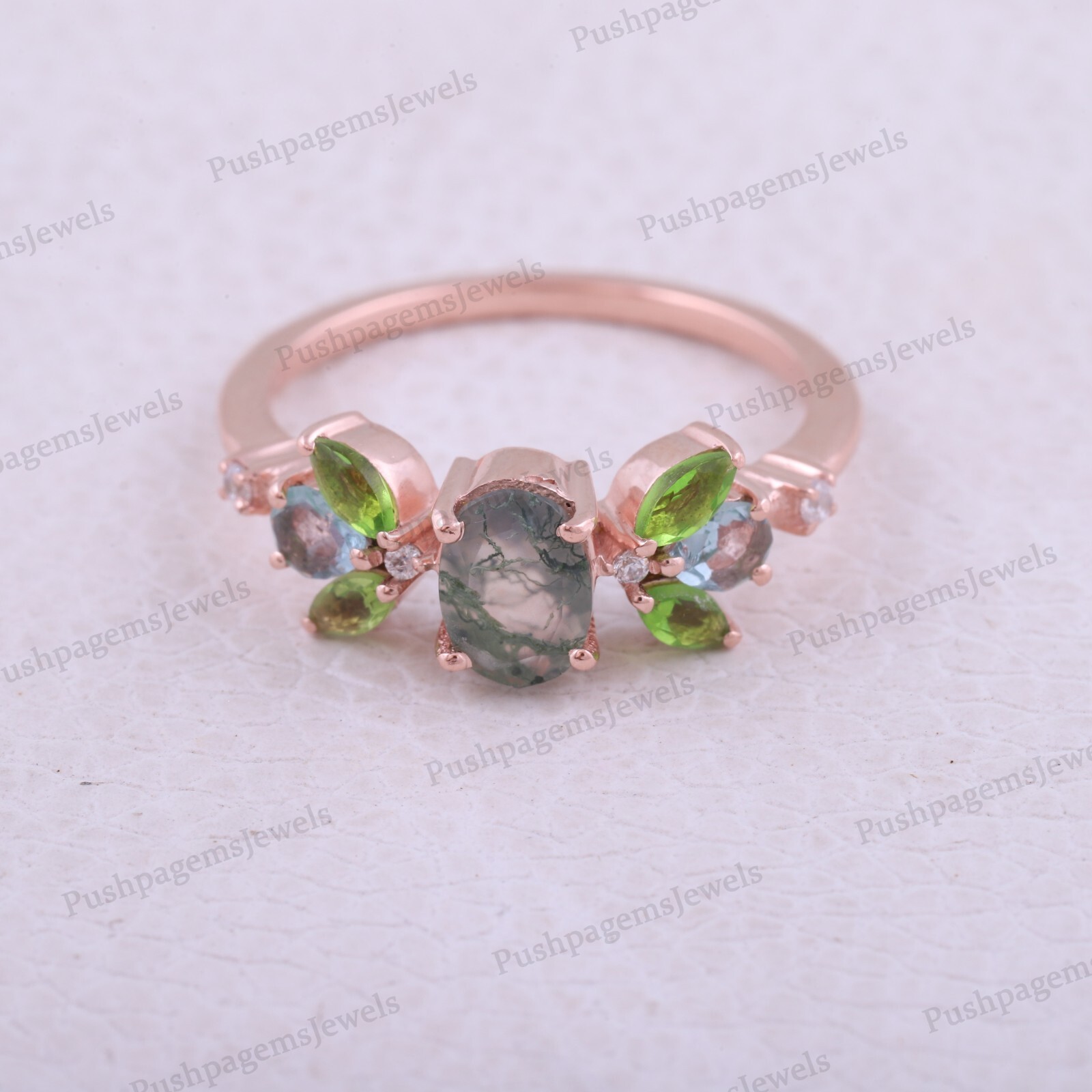 925 Sterling Silver 8×6 Oval Shape Natural Moss Agate Ring Cluster Aqua Peridot