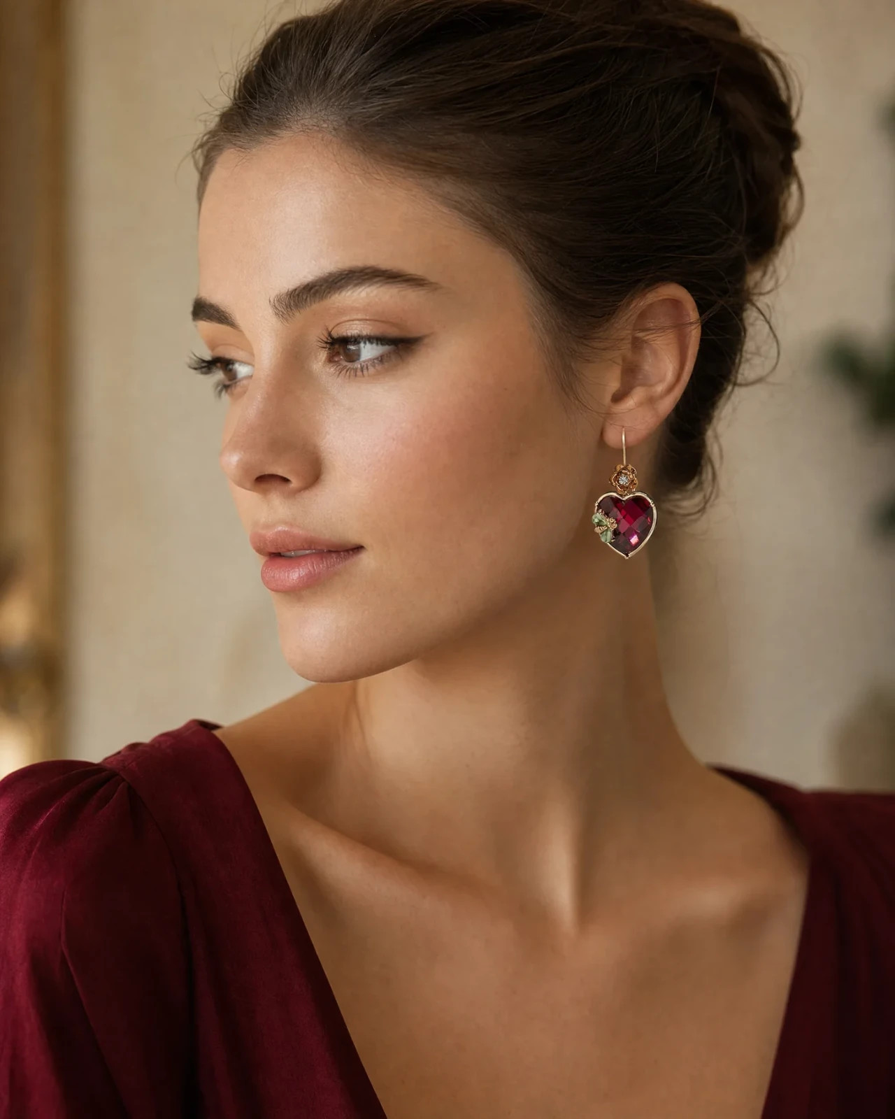 Red Crystal Heart Dangle Earrings Gold Tone Floral Drop Earrings Women’s Gift