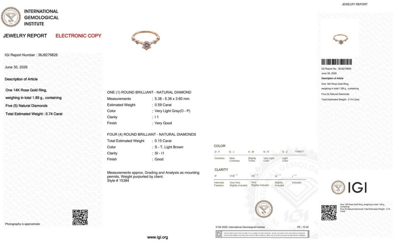 IGI Certified 0.74ct Natural Round Brilliant Cut Diamond Ring in 14K Rose Gold