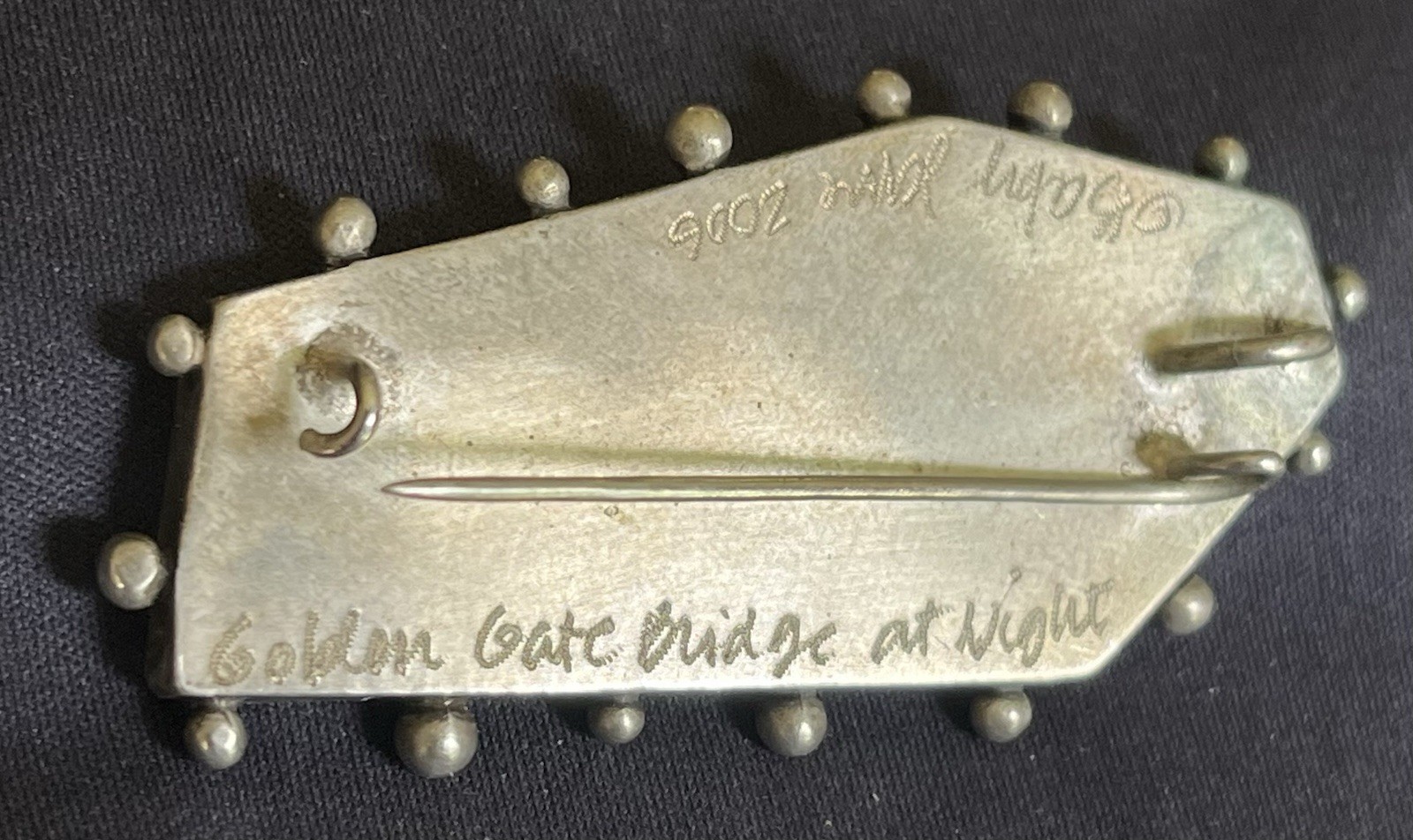 “Baby Jane” Signed Golden Gate Bridge at Night Sterling Silver Pendant, Pin