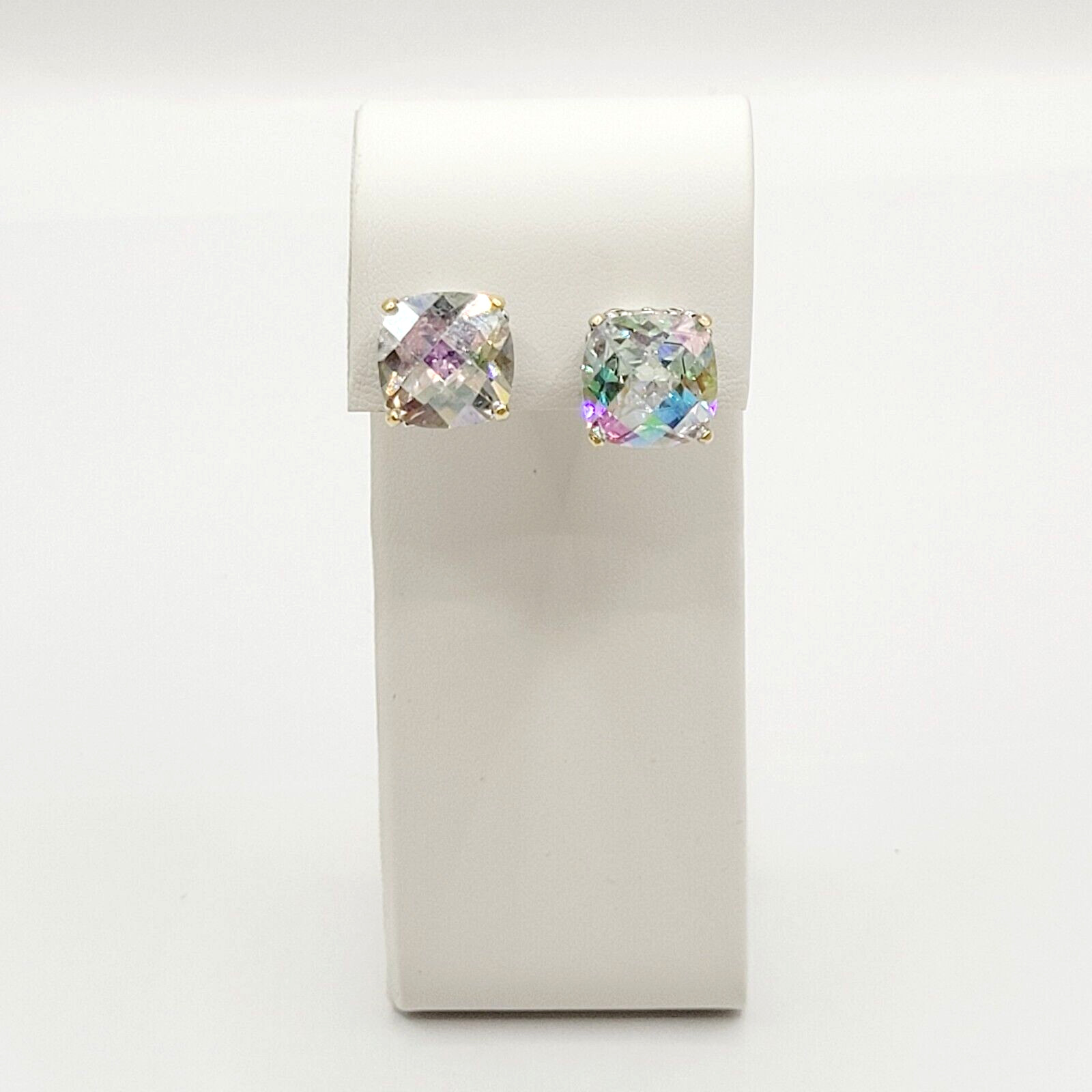 Modern Rainbow AB Crystal Square Stud Two Tone Ornate Frame Pierced Earrings