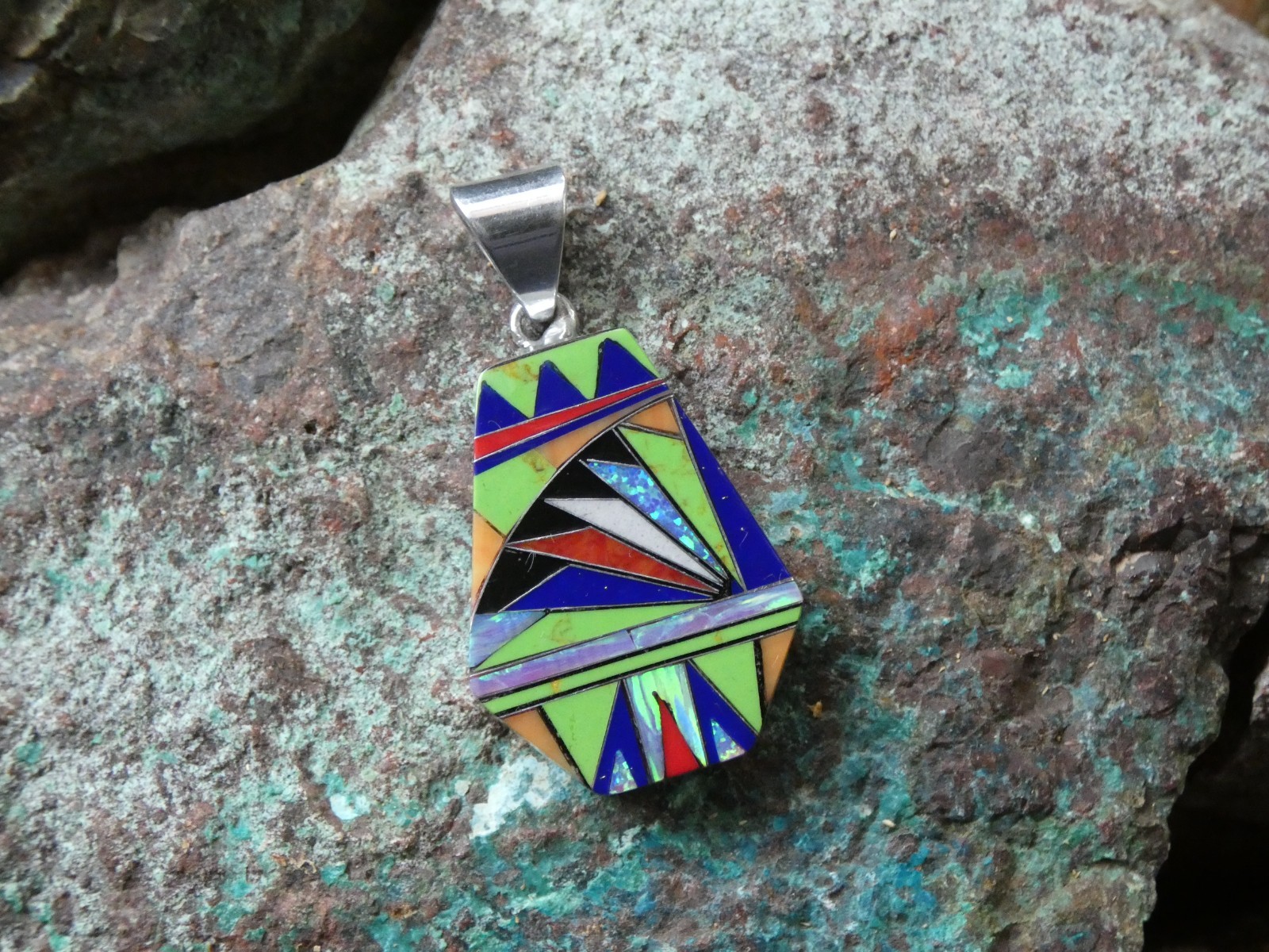 Colorful Micro Inlay Multi Gemstone Sterling Silver Aluminum Alloy Pendant AT6