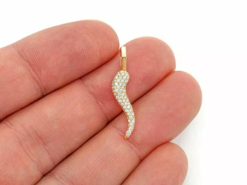 1.20 Ct Diamond Italian Horn Amulet Pendant With Free Chain 14K Yellow Gold Over