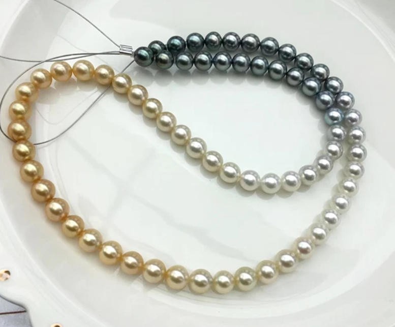 Exquisite 17″8-10mm Natural south sea white gold gray black round pearl necklace