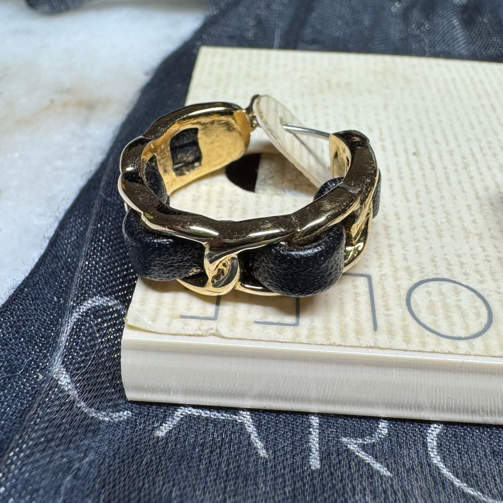 Vintage Carolee Gold-Tone and Black Leather Woven Chain Hoop Earrings