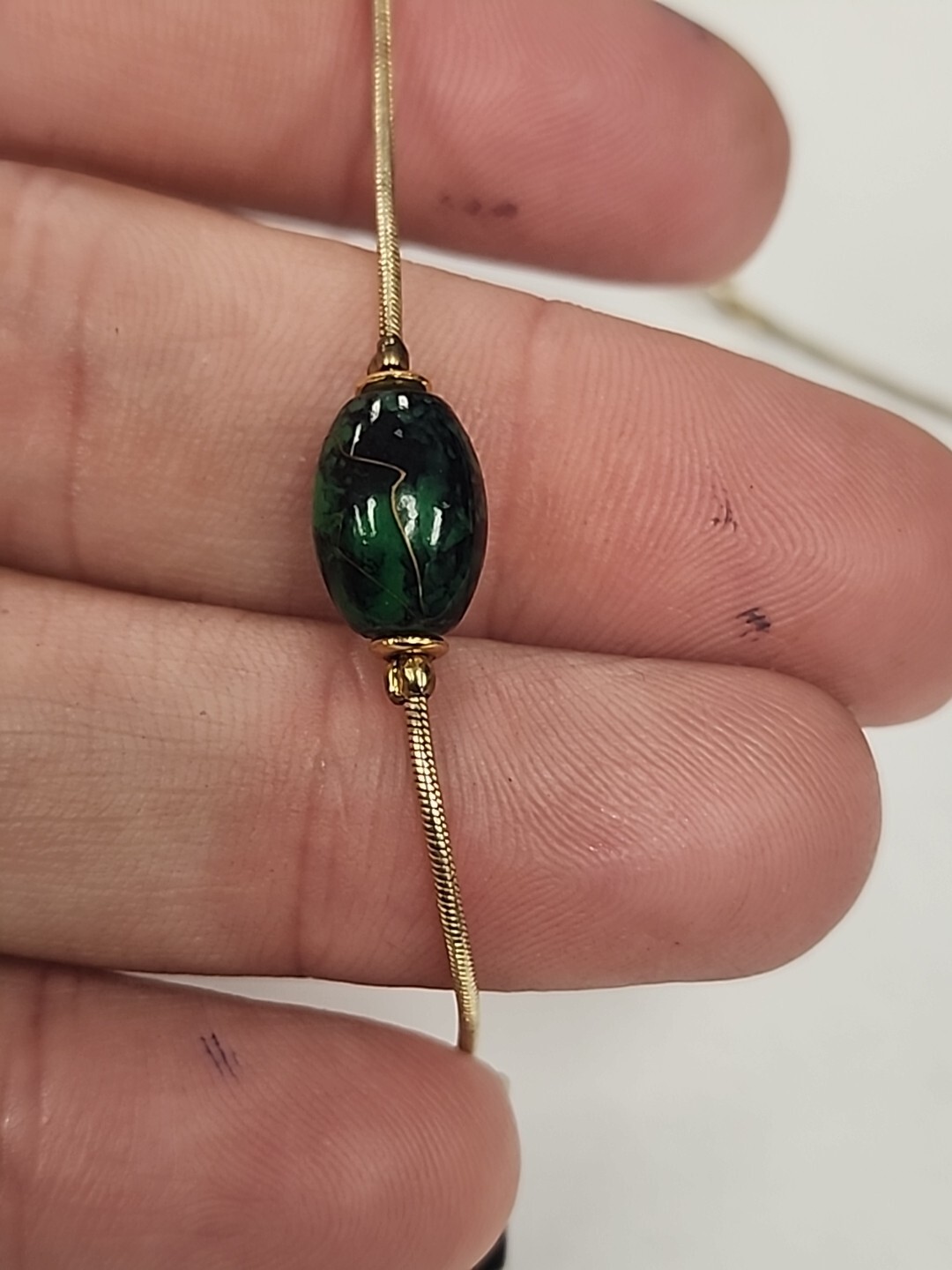 Enamel Bead Gold Tone Snake Link Chain Necklace Square Pendant 22.5in Long