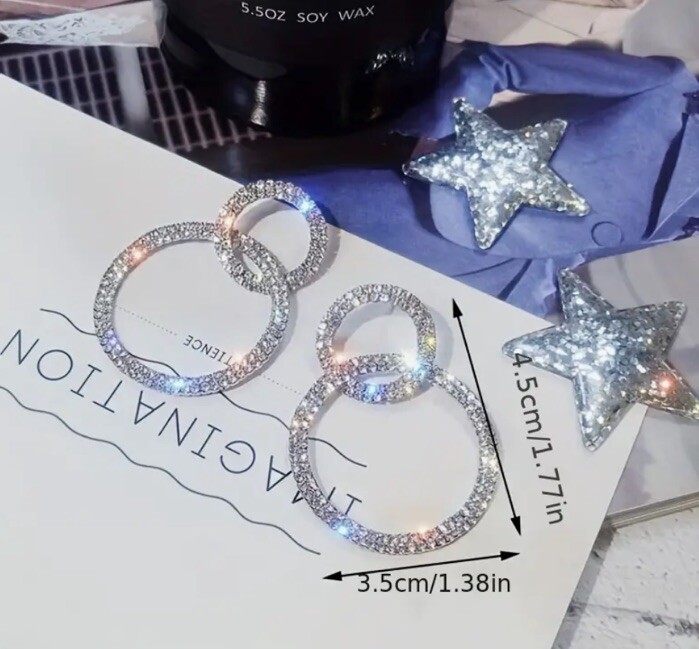 Silver Rhinestone Double Circle Hollowed Dangle Hoop Stud Glamour Earrings