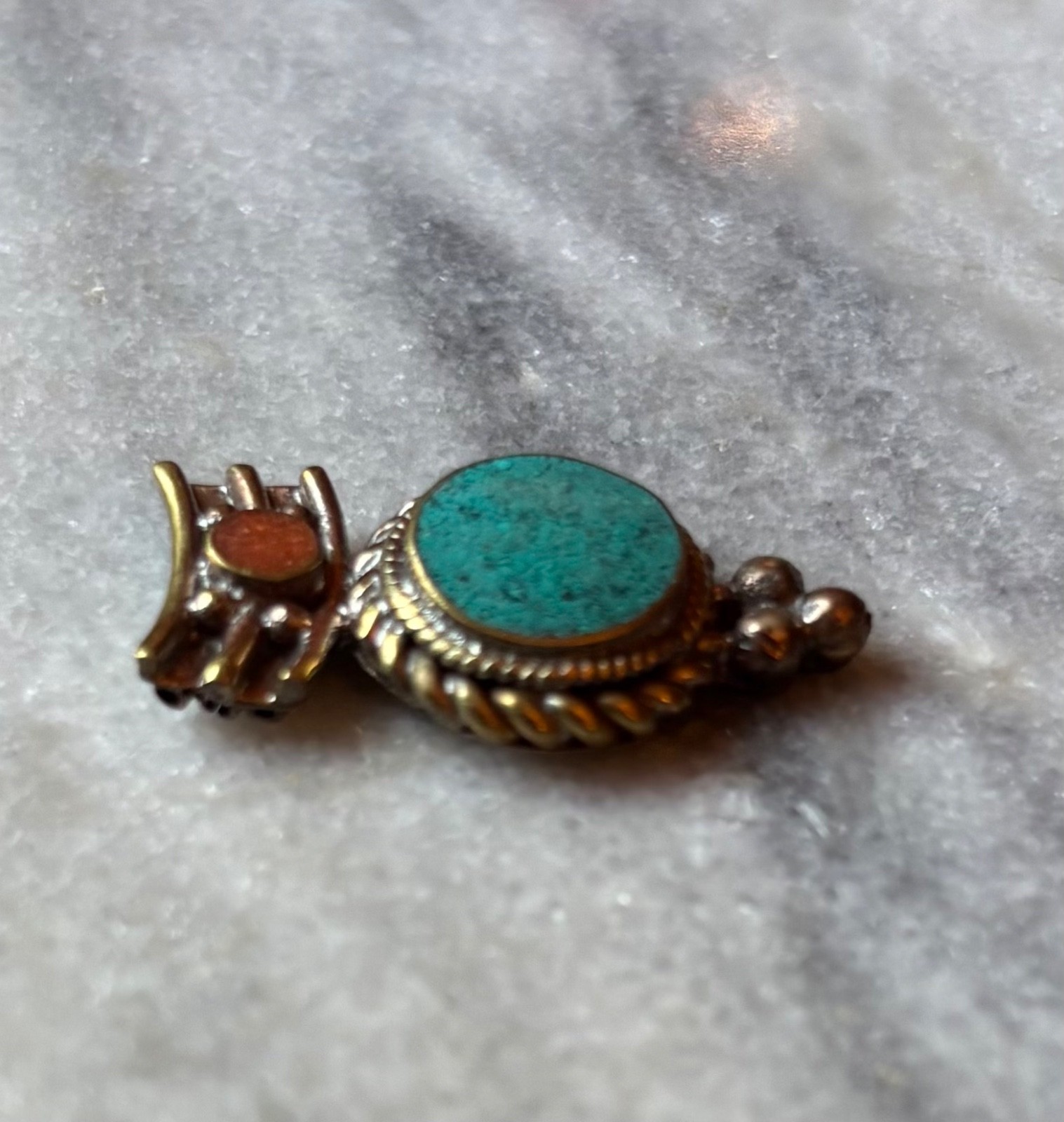 Turquoise, Coral, Tibetan Silver Bead w/3 holes for Necklace C642