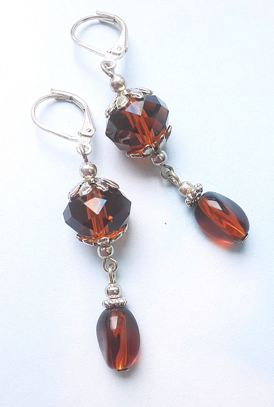 faceted dark TOPAZ color CRYSTAL dangle earring SP LEVER BACK handcrafted X2