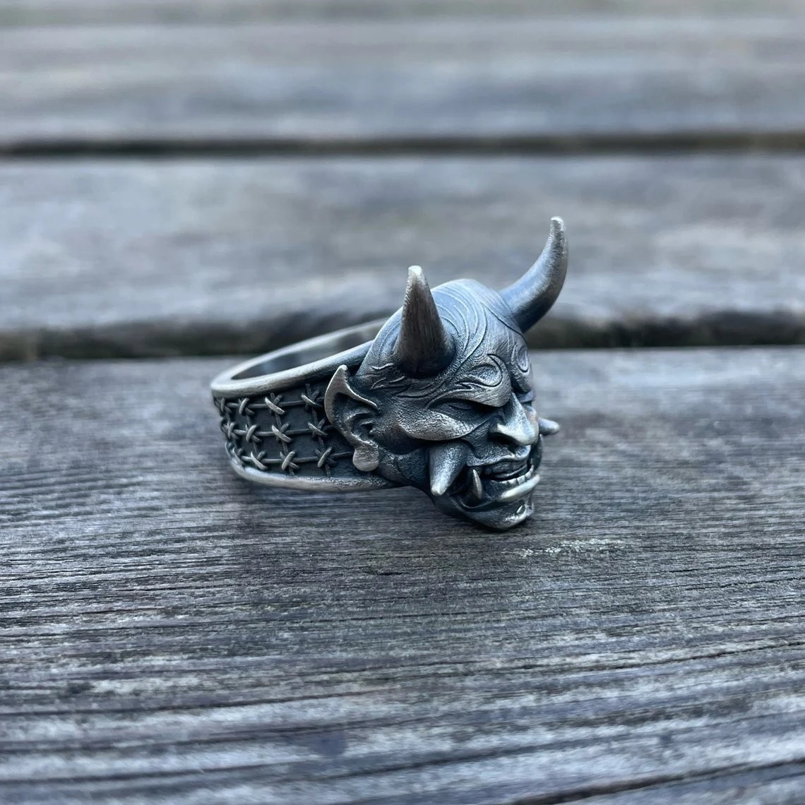 Japanese Hannya Mask Ring 925 Sterling Silver Oxidized Ring Duty Free