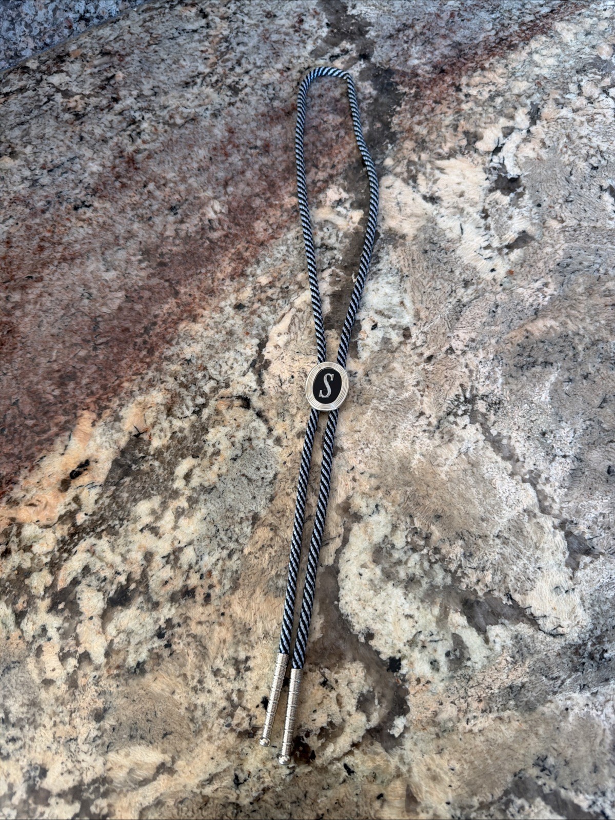 Vtg Swank “S” Initial Bolo Tie Light Blue/Dark Blue String