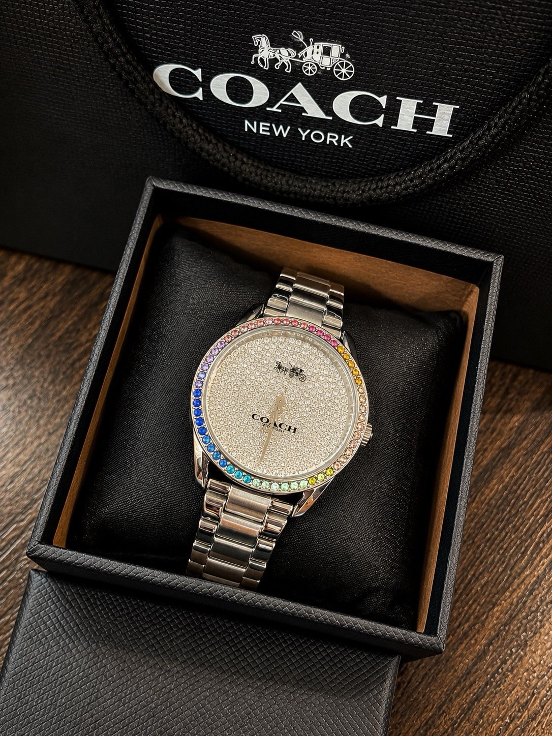 Coach Rainbow Crystal Bezel Silver Pavé Dial Quartz 36mm 30m w/ Box