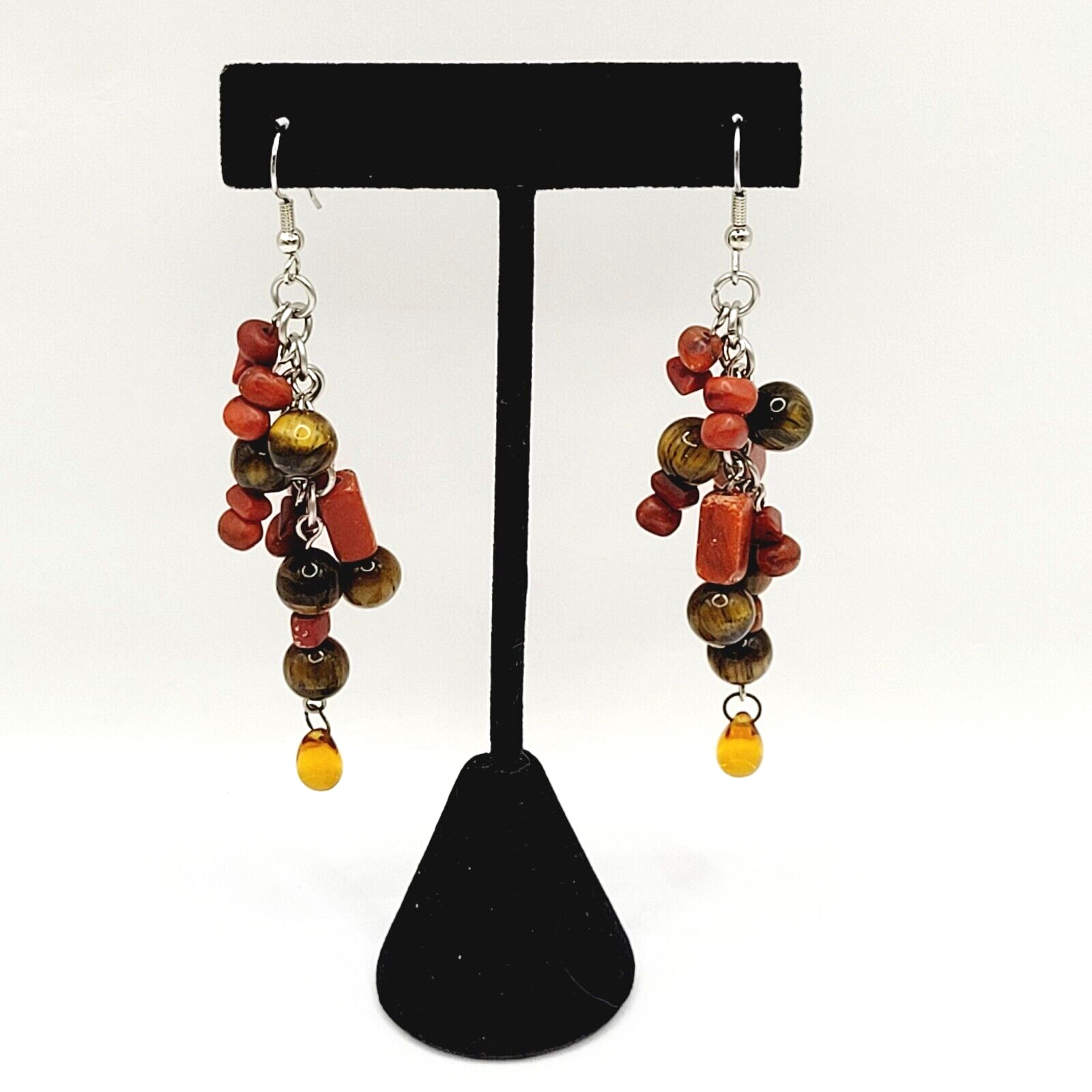 Modern Multi Shape Natural Stone Glass End Long Drop Dangle Hook Pierced Earring