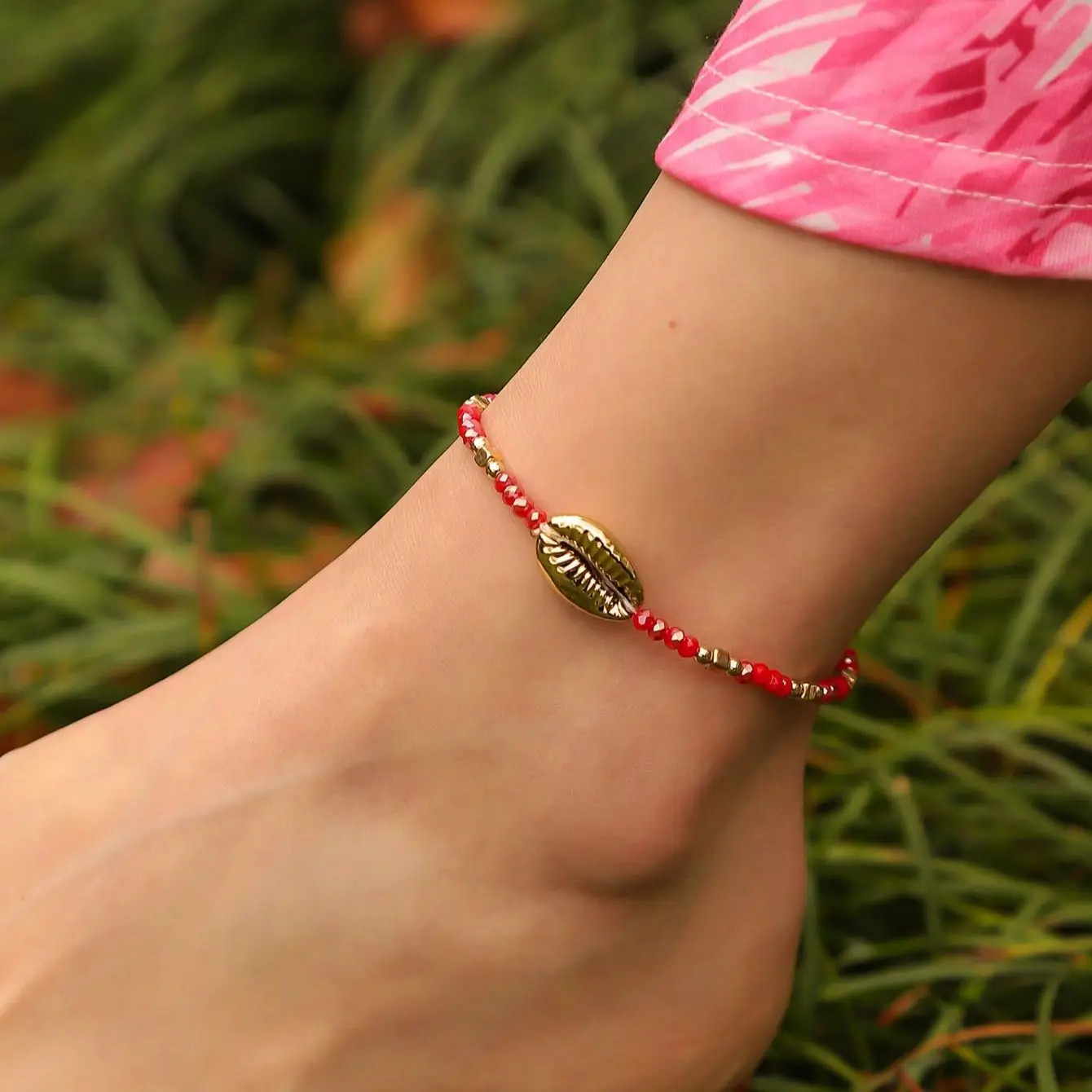 1 Seaside Beach Style String Color Bead Crystal Shell Ankle Ankle Anklet Women’s