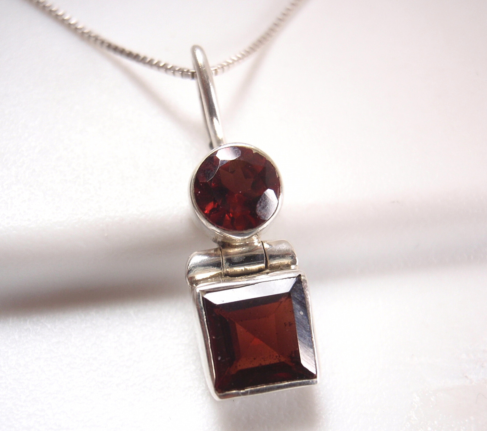 Small Garnet Faceted 925 Sterling Silver Pendant Round and Square