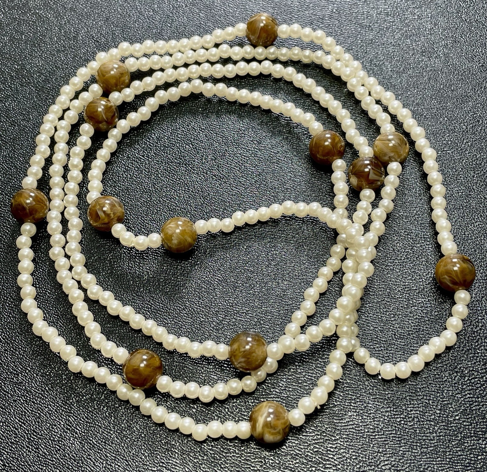 Vintage 24” Faux Pearl Brown Marbled Lucite Necklace