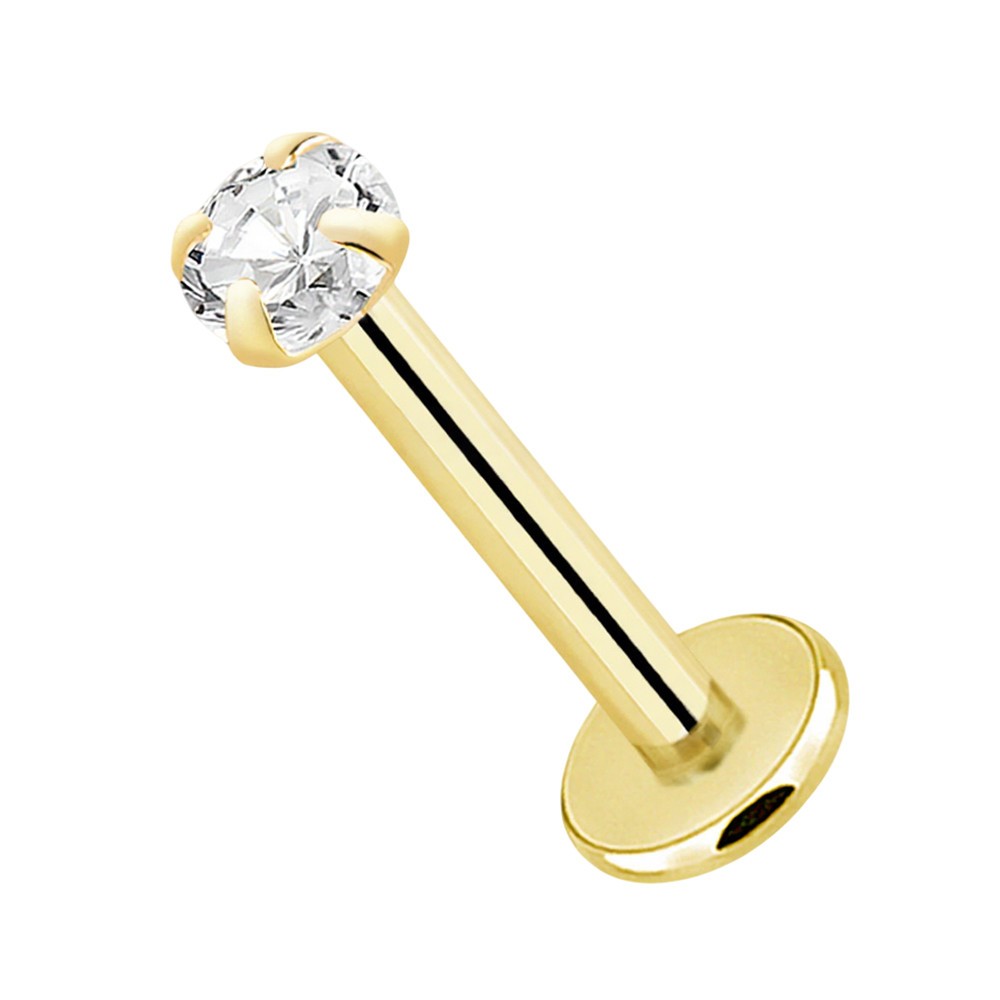 14K Solid Gold 16G Flatback Labret Studs Prong Set CZ Piercing Jewelry Sold Each