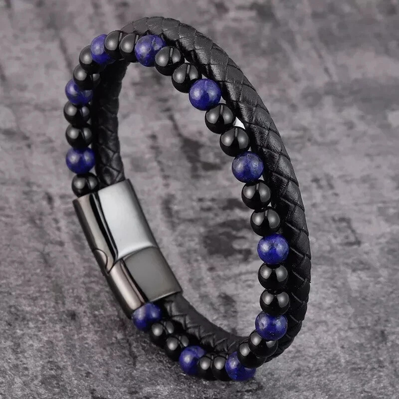 Natural Lapis Lazuli Obsidian 2 Strands Leather Reiki Strength Men Bracelet Gift