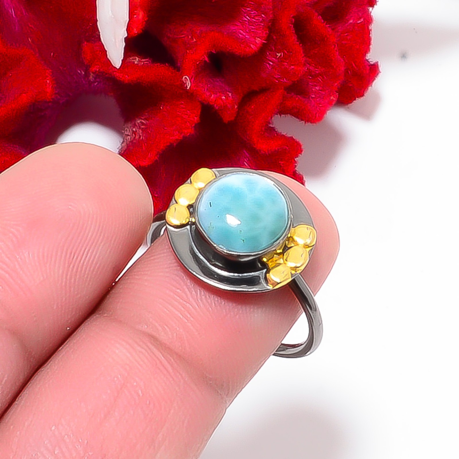 Larimar Black And Gold Plated 925 Sterling Silver Ring S.8.5 R84459