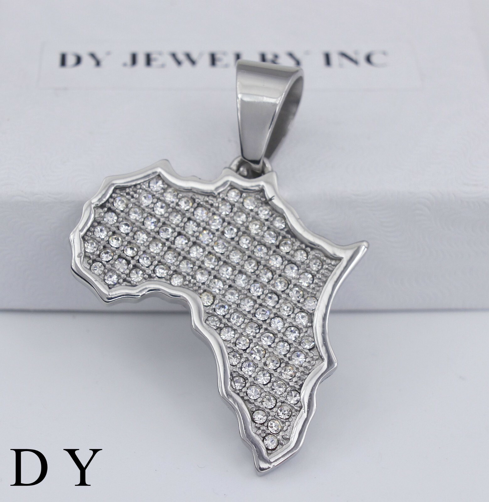 DY Men’s Stainless Steel Silver Africa Map CZ Pendant Unisex plus Gift Box