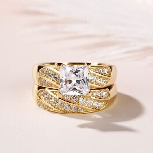 Princess Cut Simulated Diamond Stunning Bridal Set Ring 14k Yellow Gold Plated