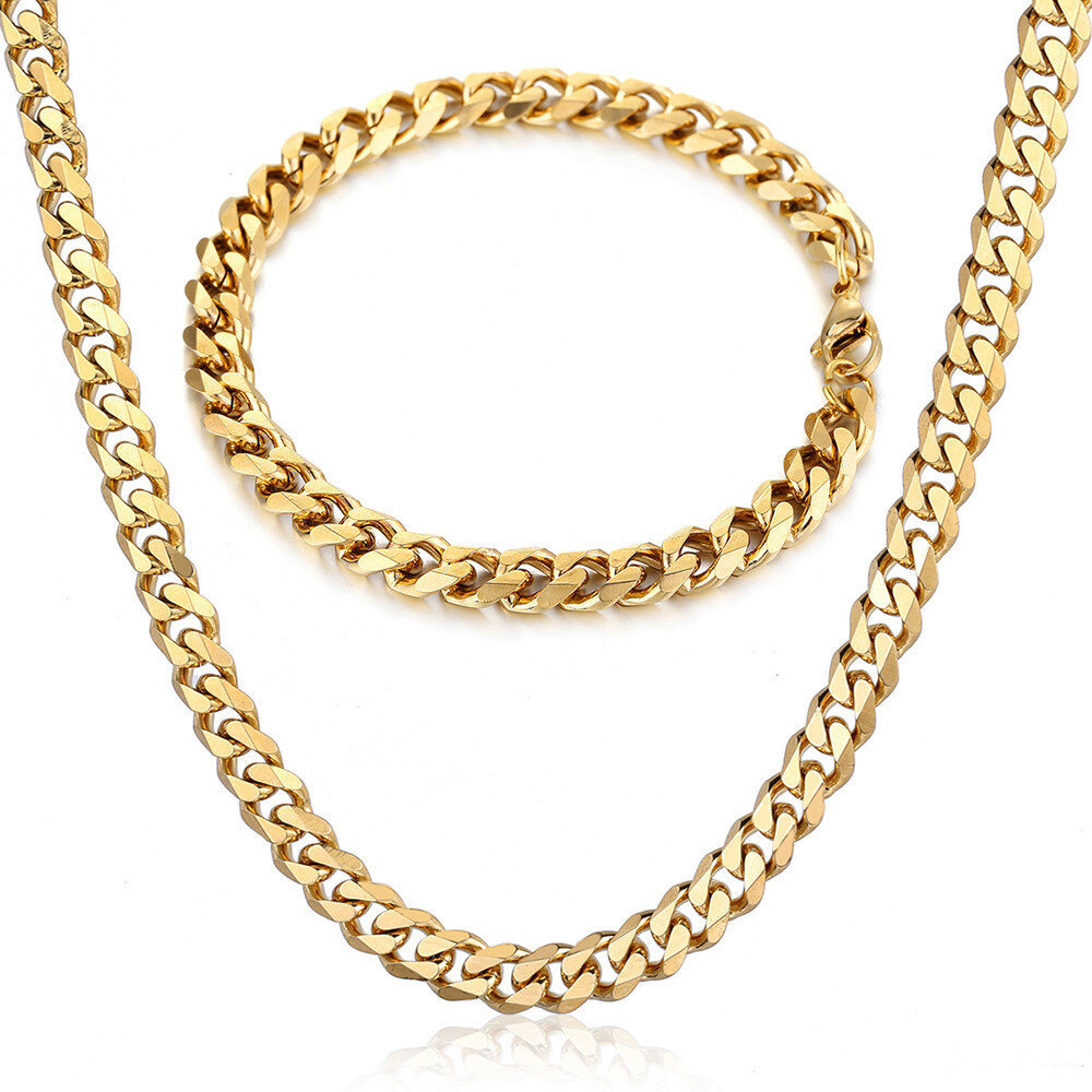 7mm Gold Filled Stainless Steel Bracelet & Necklace Jewelry Set Cuban Curb Chain