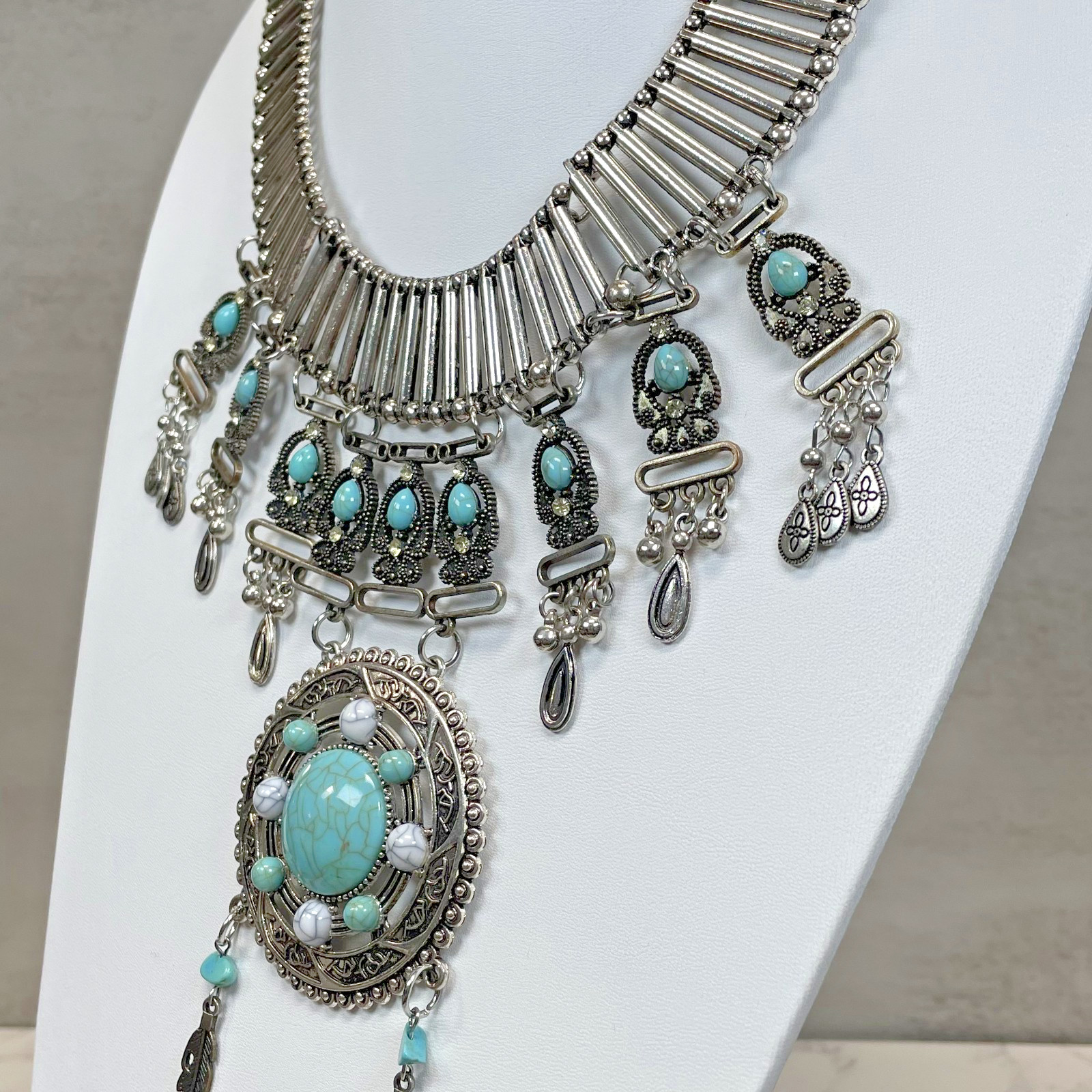 Silver Tone Faux Turquoise Matrix Statement Necklace Feather Bead Southwestern