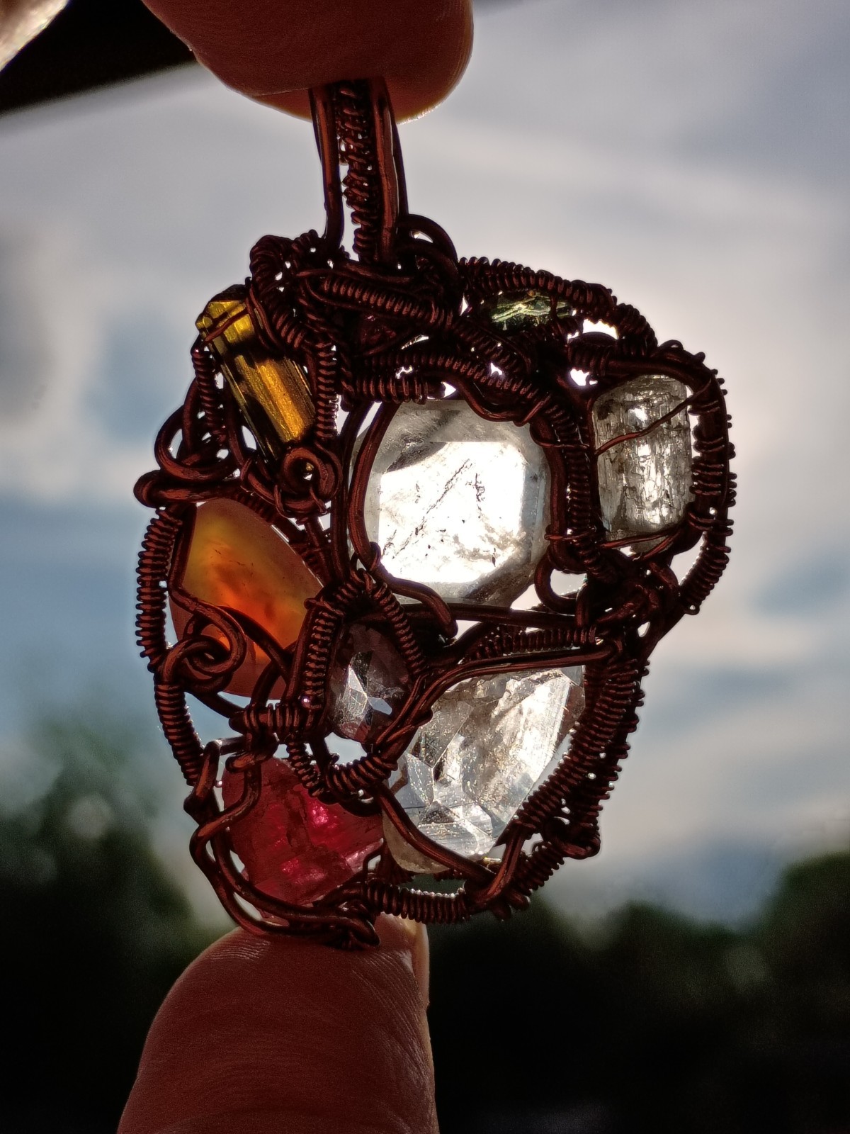 Multicolor Multiple Gem Stone Pendant Necklace Copper Wirewrap Amulet