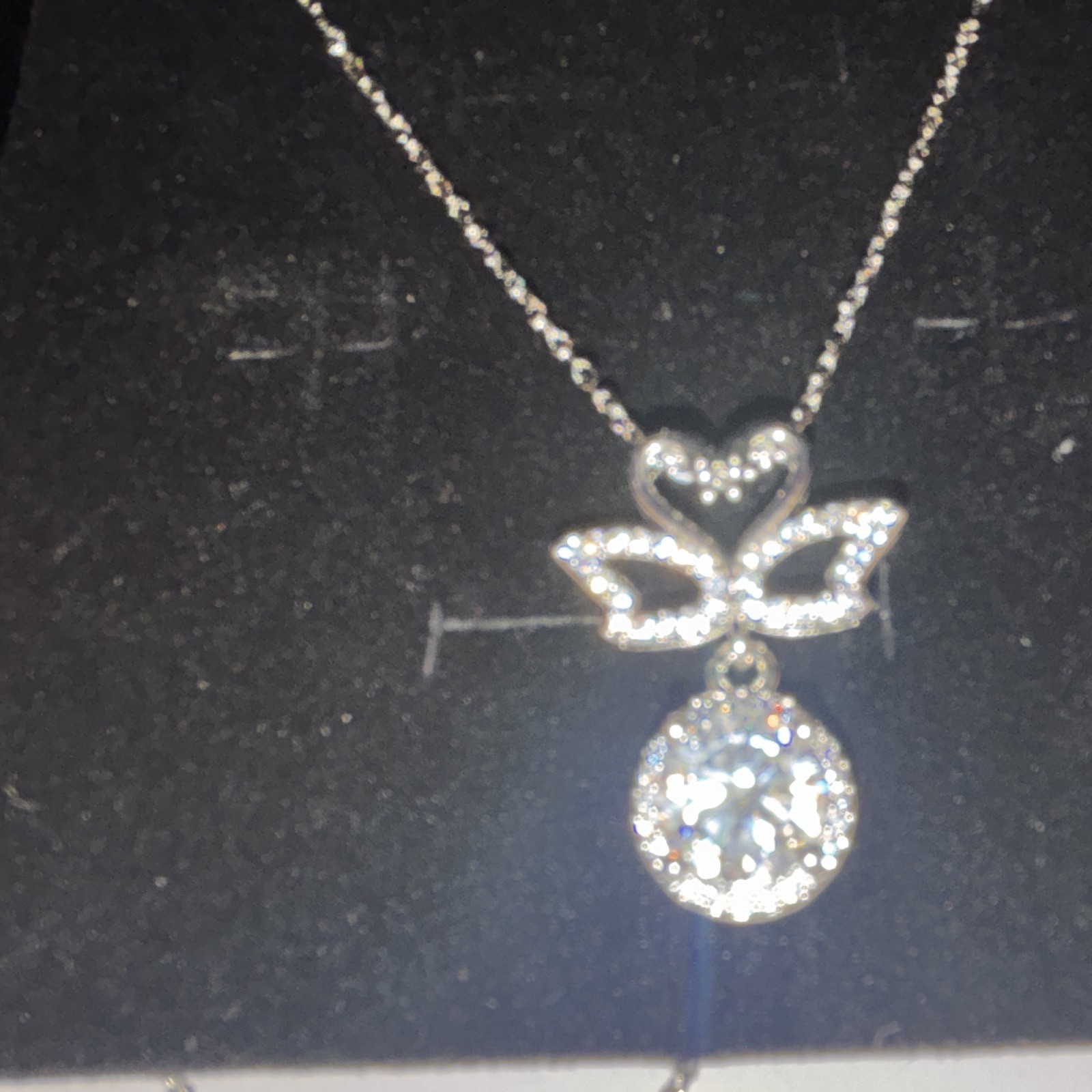 Silver Tone Bow Charm Pendant Necklace Cable Chain Clear Round Crystal