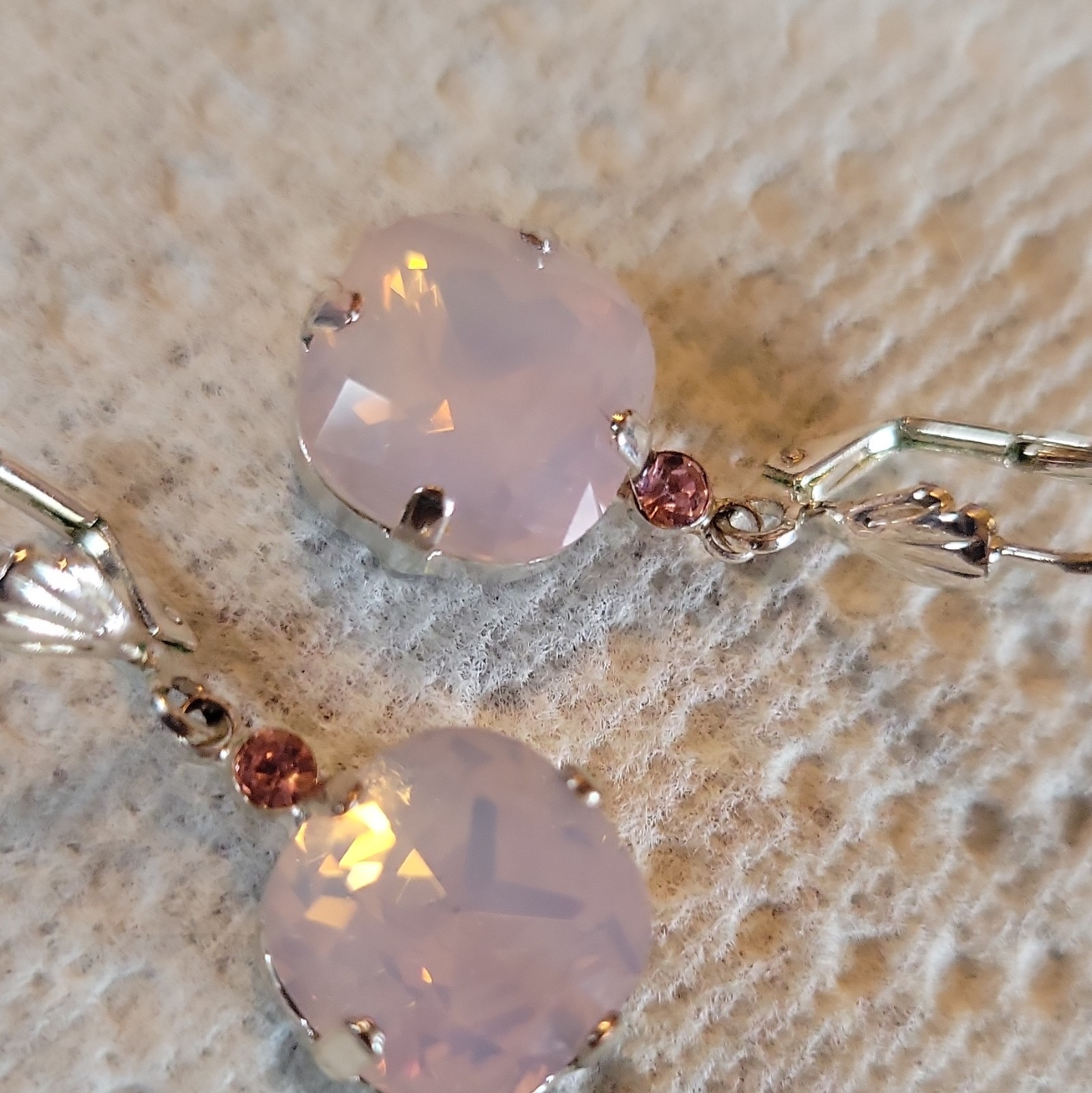 Pink Round Crystal Prong Set Leverback Dangle Drop Earrings Silver Tone