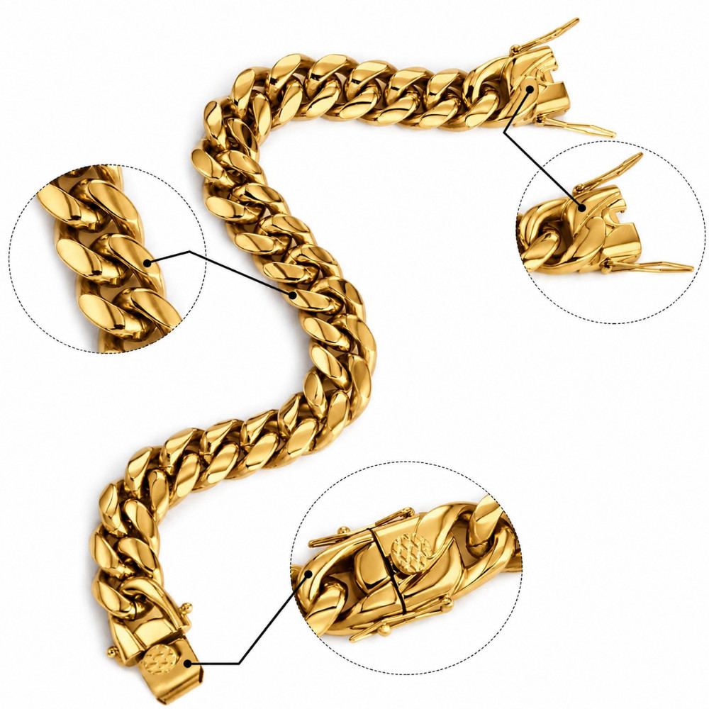 Miami Cuban Link Chain Necklace Bracelet 14k Gold Plated Stainless Steel 6-14mm