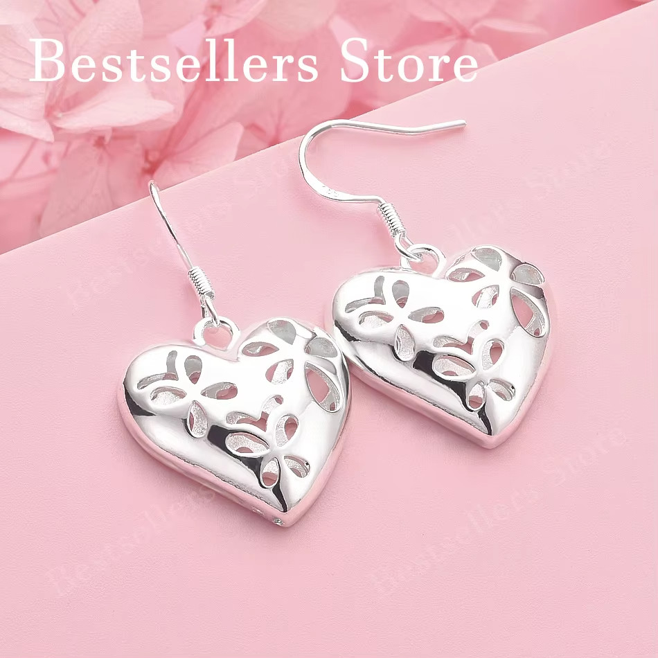 Sterling Silver Filigree Heart Dangle Hook Earrings Hand Polished Women Gift