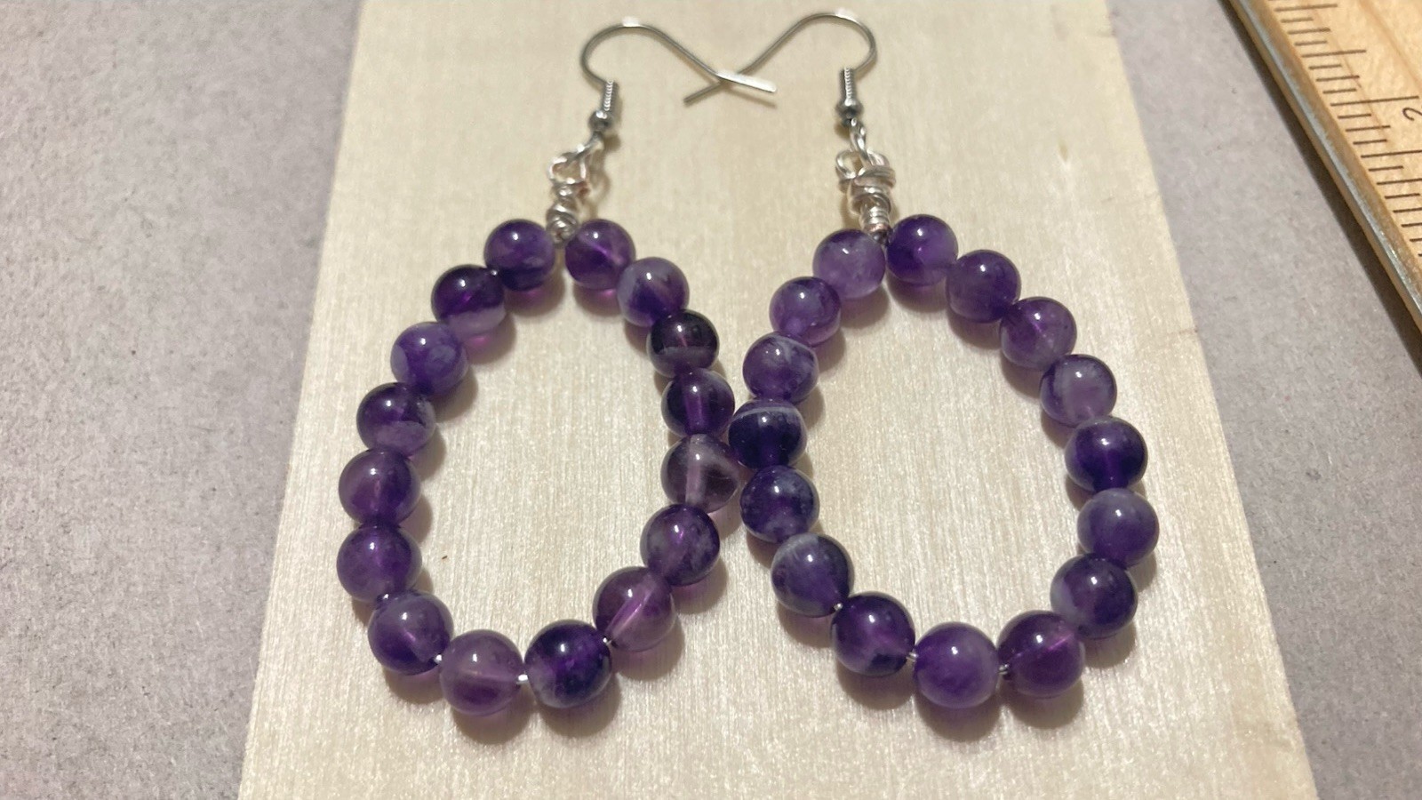 Purple Amethyst Oval Hoop Dangle Drop Bead Handmade Wire Wrap Earrings 2.5 Inch