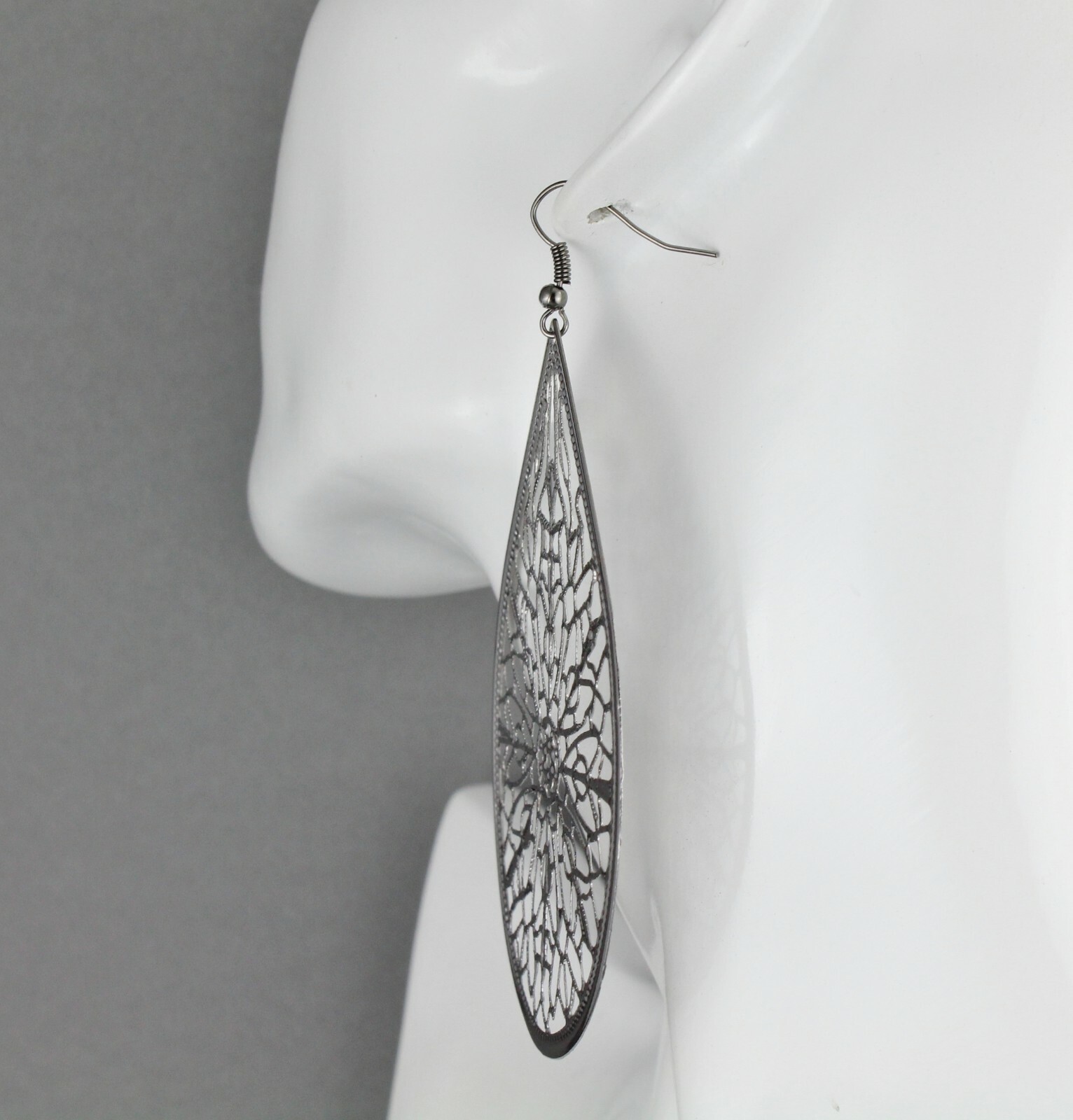 Big Huge Dark Grey earrings lightweight filigree teardrop oval dangle 3.75″ long