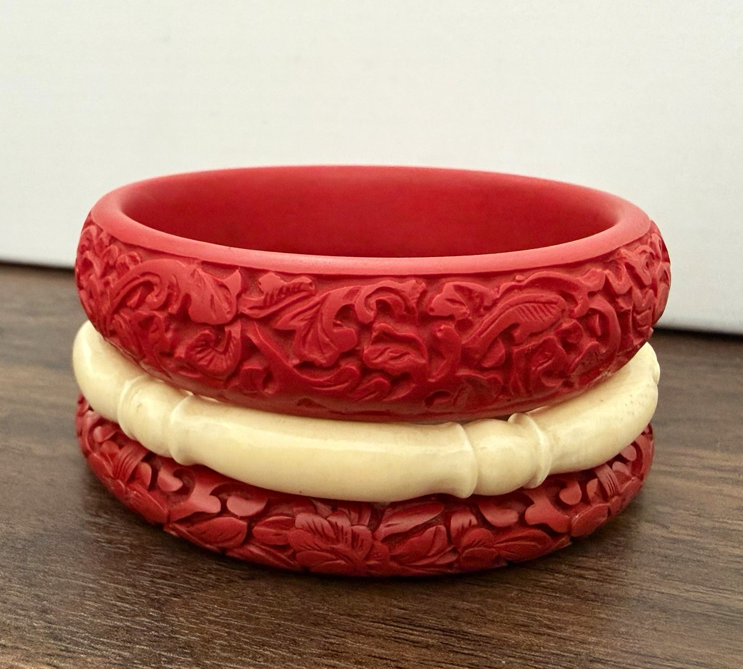 Vintage 3pc Cinnabar Red Lacquer Bangle Set Faux Bone Bamboo Bracelet Stack