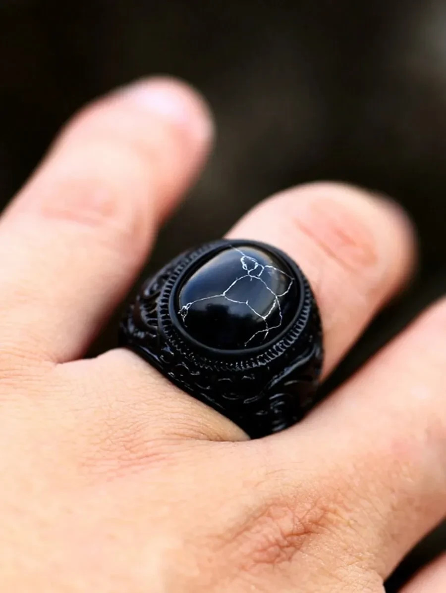 1Pc Men’s Vintage Black Stainless Steel Ring | Resin Stone Fashion Jewelry Gift