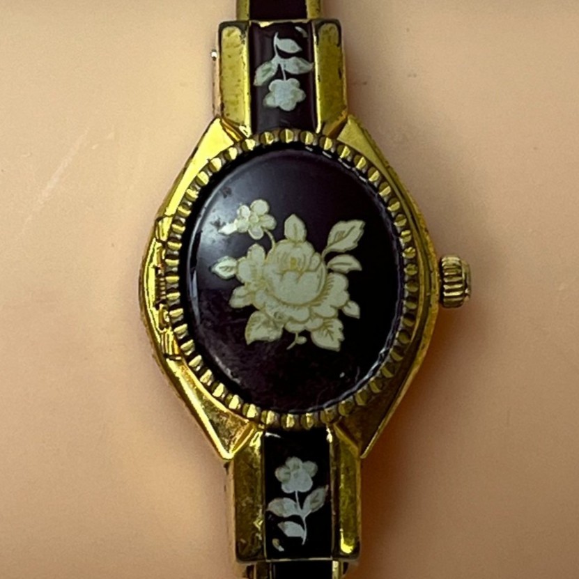 Vintage Andre Mouche Swiss Enamel Floral Cover Qz Bangle For Parts / Repair#084B