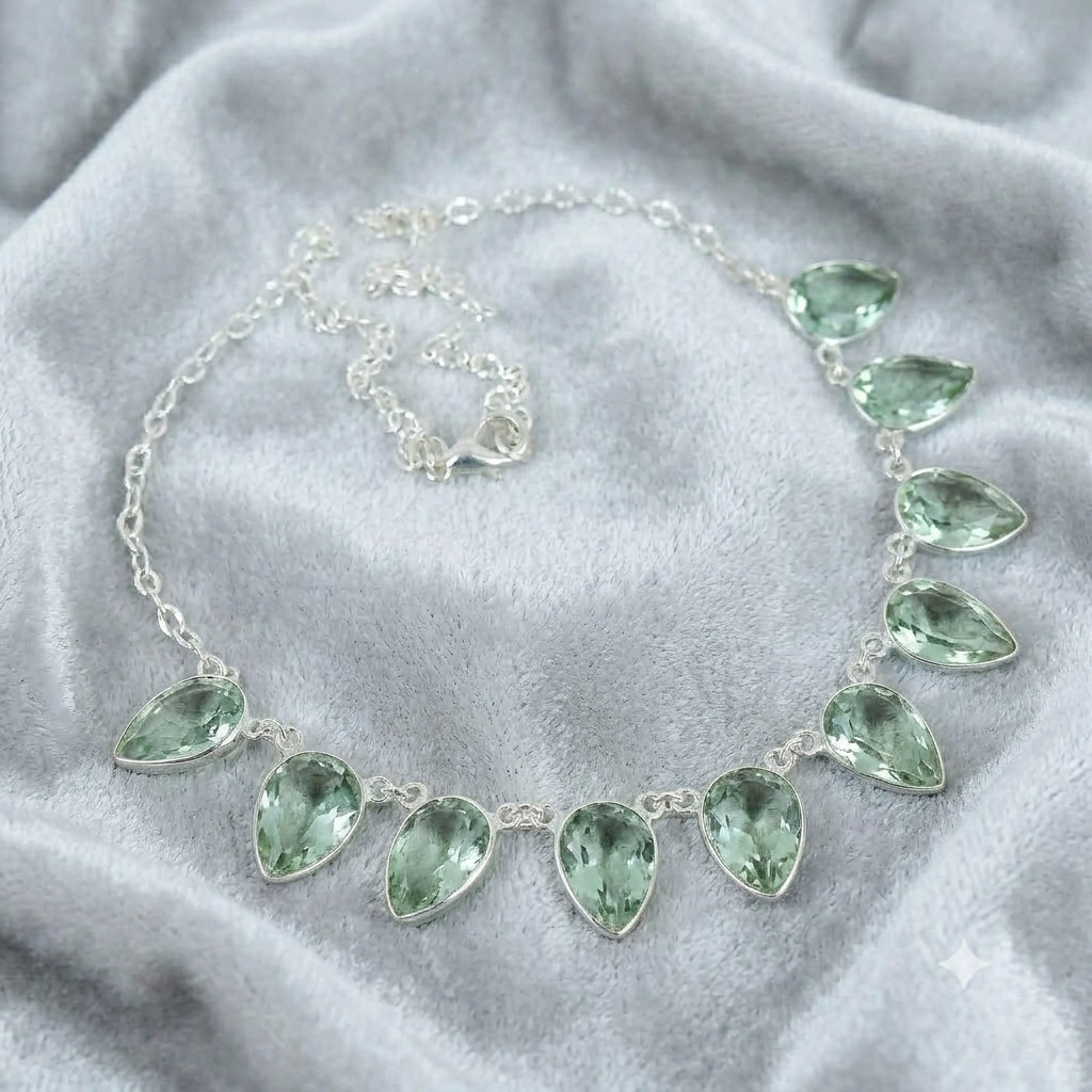 925 Sterling Silver Green Amethyst Gemstone Handmade Jewelry Necklace Size-18