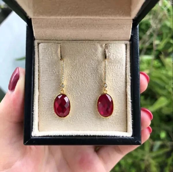 3.Ct Oval Cut Lab Created Red Ruby Drop & Dangle Earrings 14K Yellow Gold Plated
