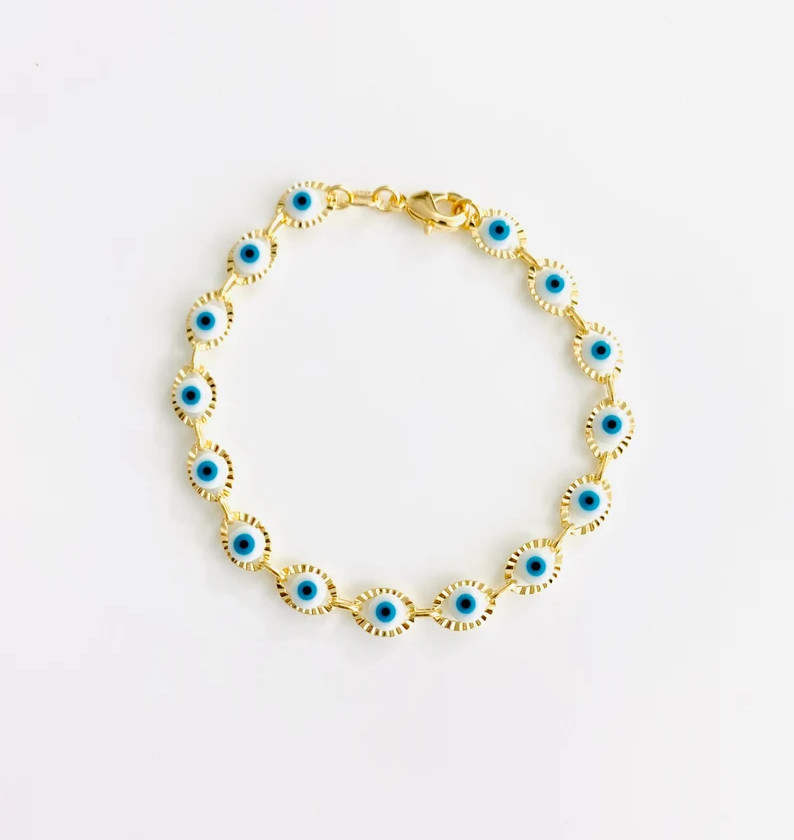 18K GOLD PLATED EVIL EYE BRACELET GOOD LUCK 7.25” Long- B152