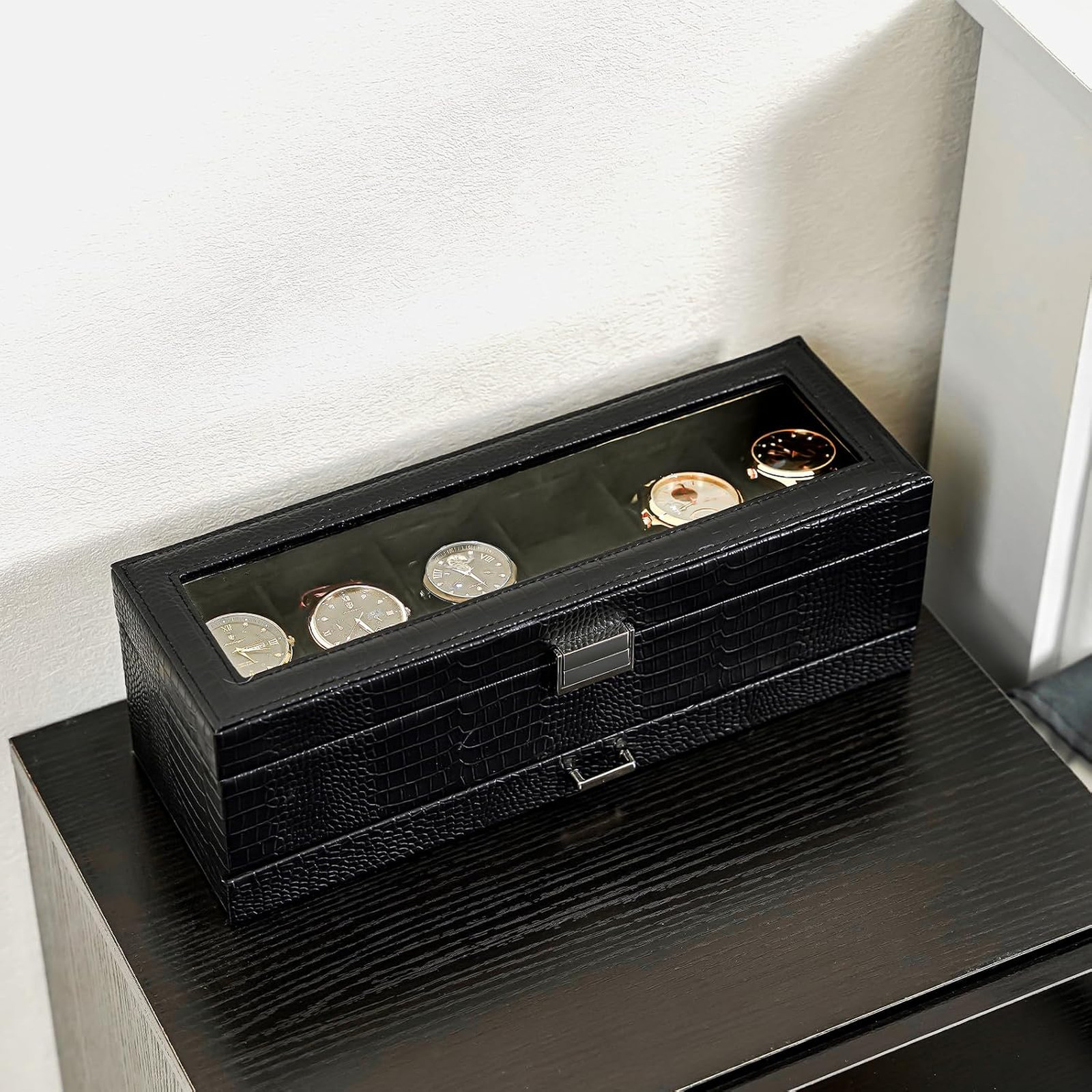 Watch Display Box with Drawer, Lizard Black PU Leather, 6 Slots, 2-Layer Jewelry