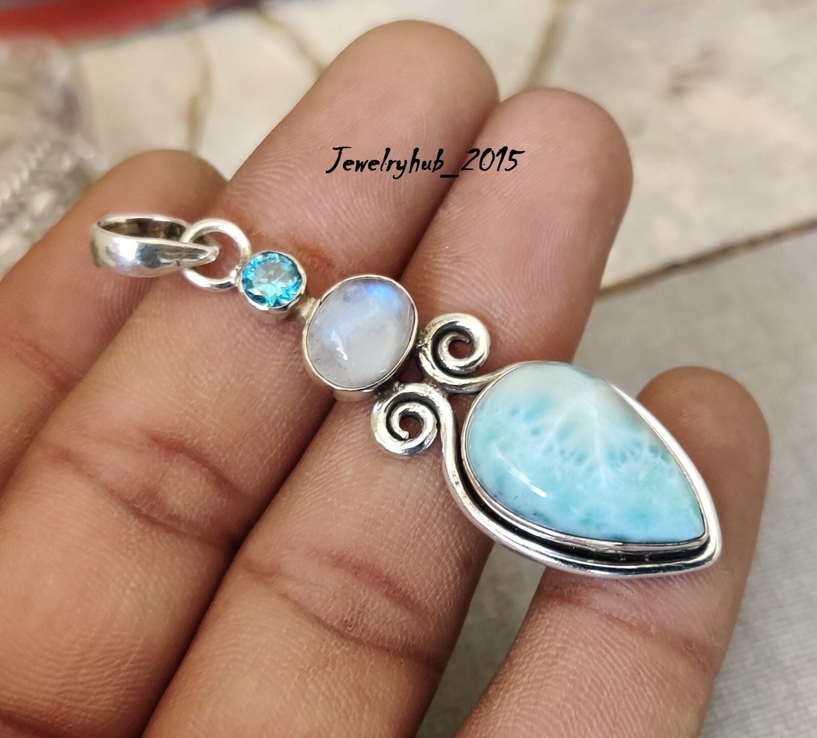 Larimar Pendant 925 Sterling Silver Moonstone & Blue Topaz Gemstone MO5180