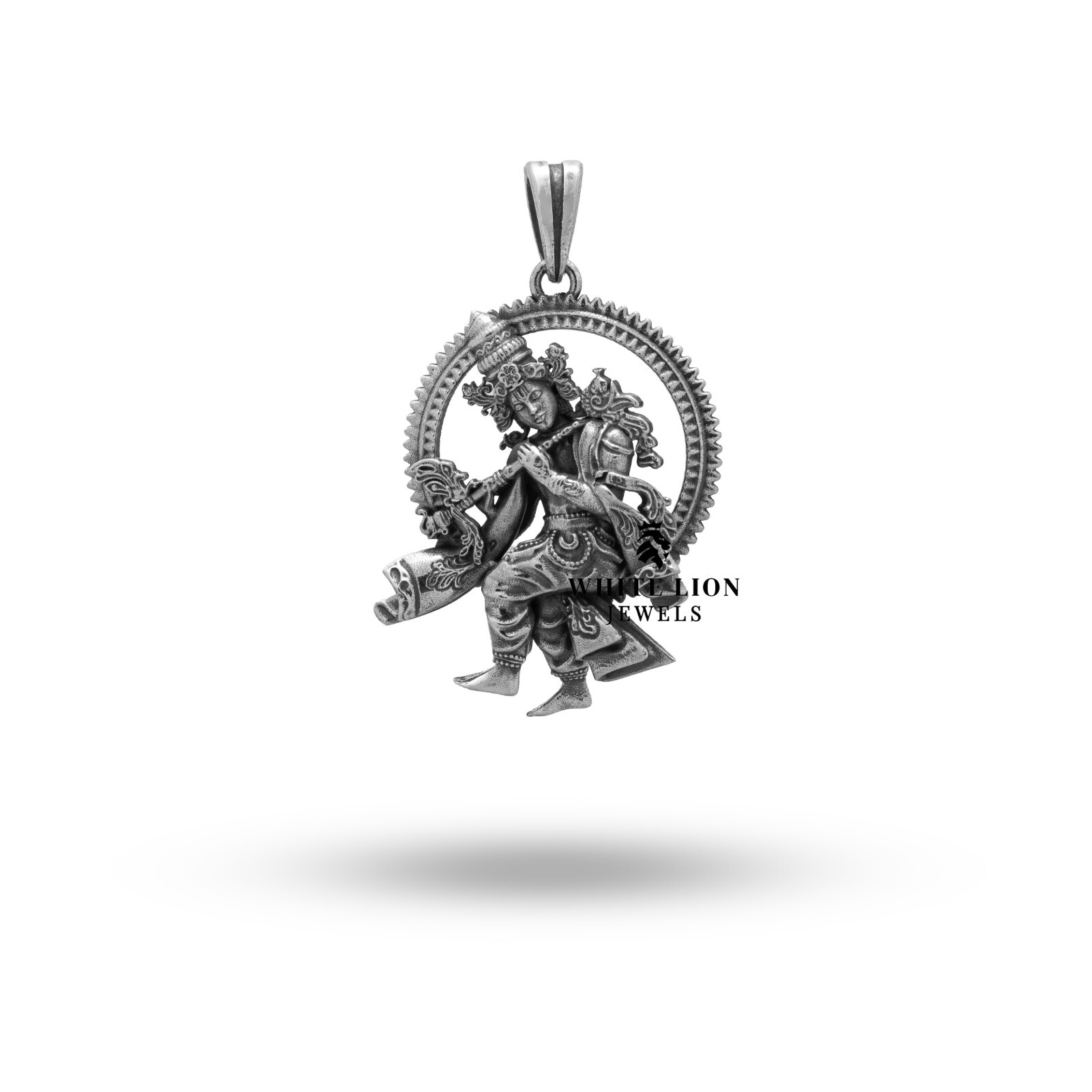 Supreme Deity God Krishna Vishnu Avatar Bhagavad Gita Flute 925 Silver Pendant
