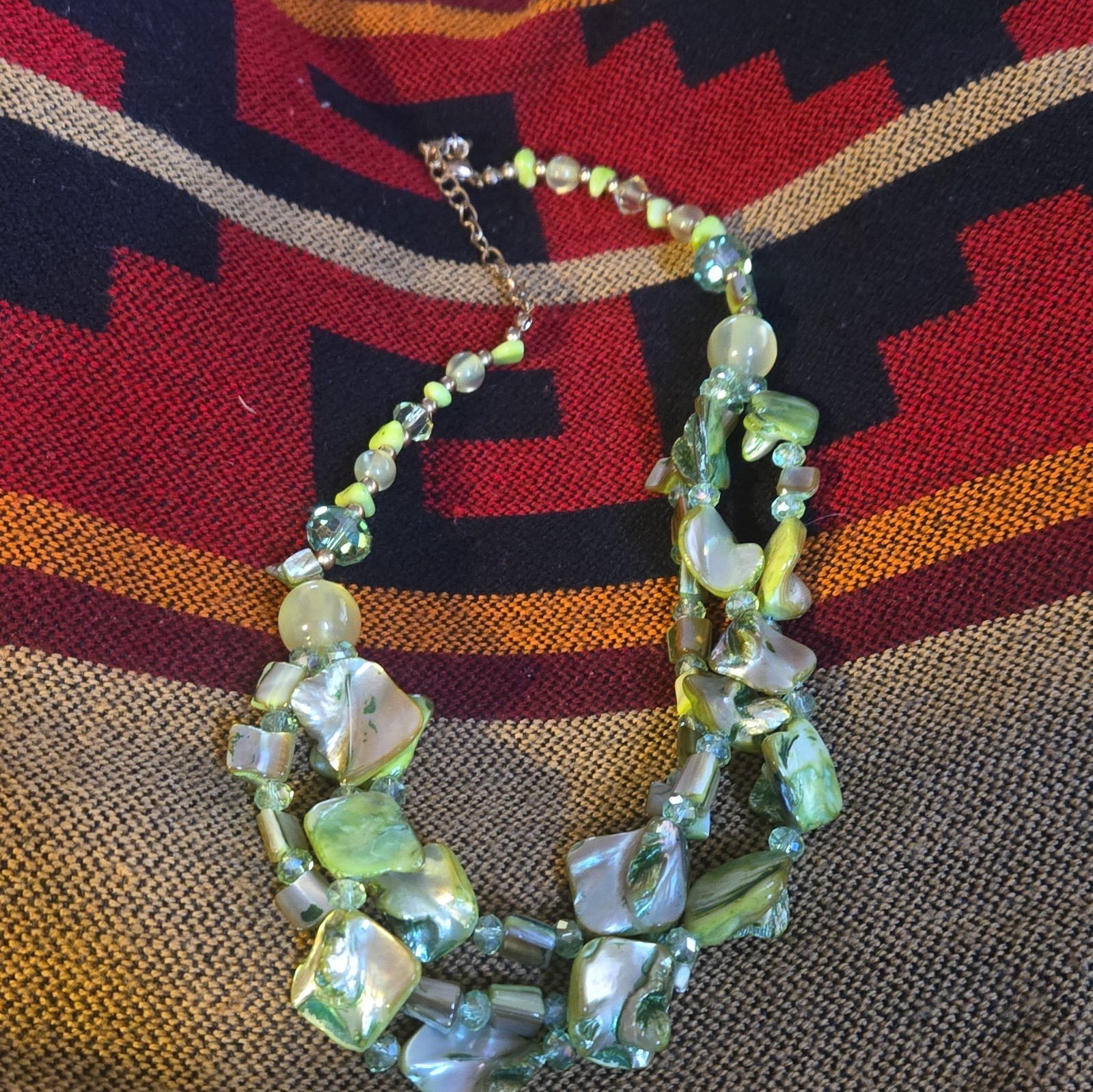 Green Shell & Glass Beaded Statement Necklace Lobster Clasp Adjustable