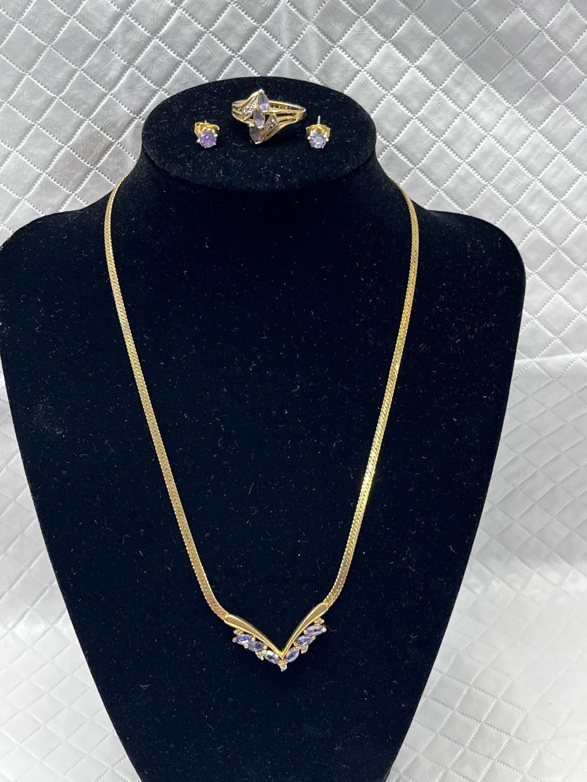 Costume Jewelry Set Gold Purple Necklace Ring Earrings