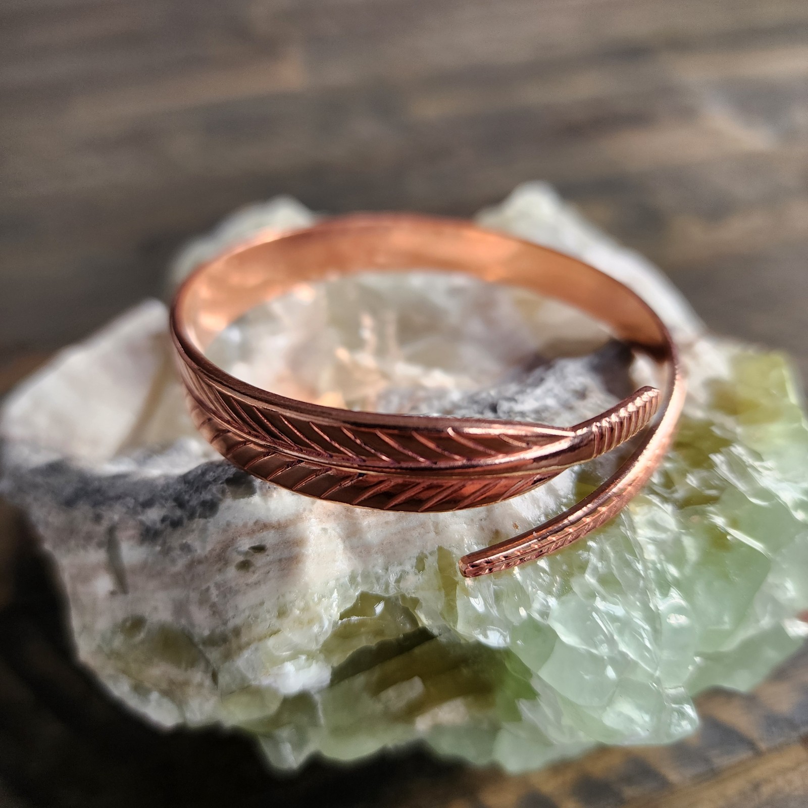 Pure Copper Feather Bracelet Bangle Adjustable 10 mm Wide 20g Open Cuff