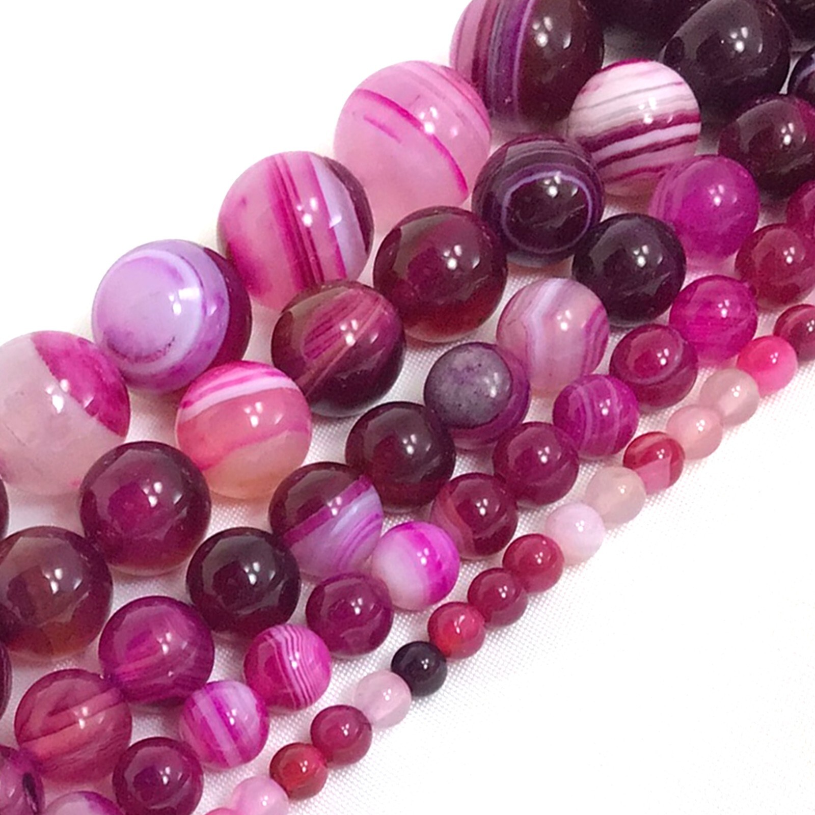 Gemstone Natural Hot Pink Stripe Agate Round Bead 15″ Jewelry Making Fuchsia