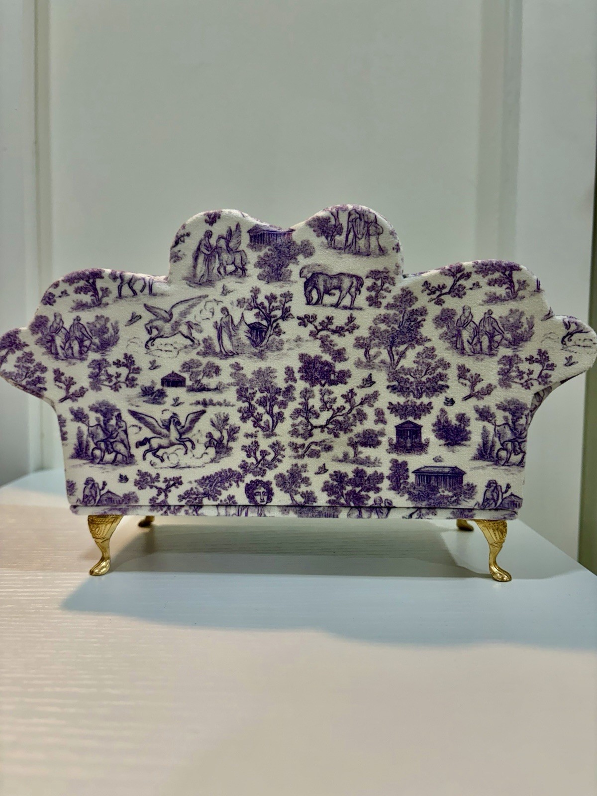 Purple/White Toile Sofa-Shaped Jewelry Box w/ Mirror Lid, Velvet Lined, 6 Ring